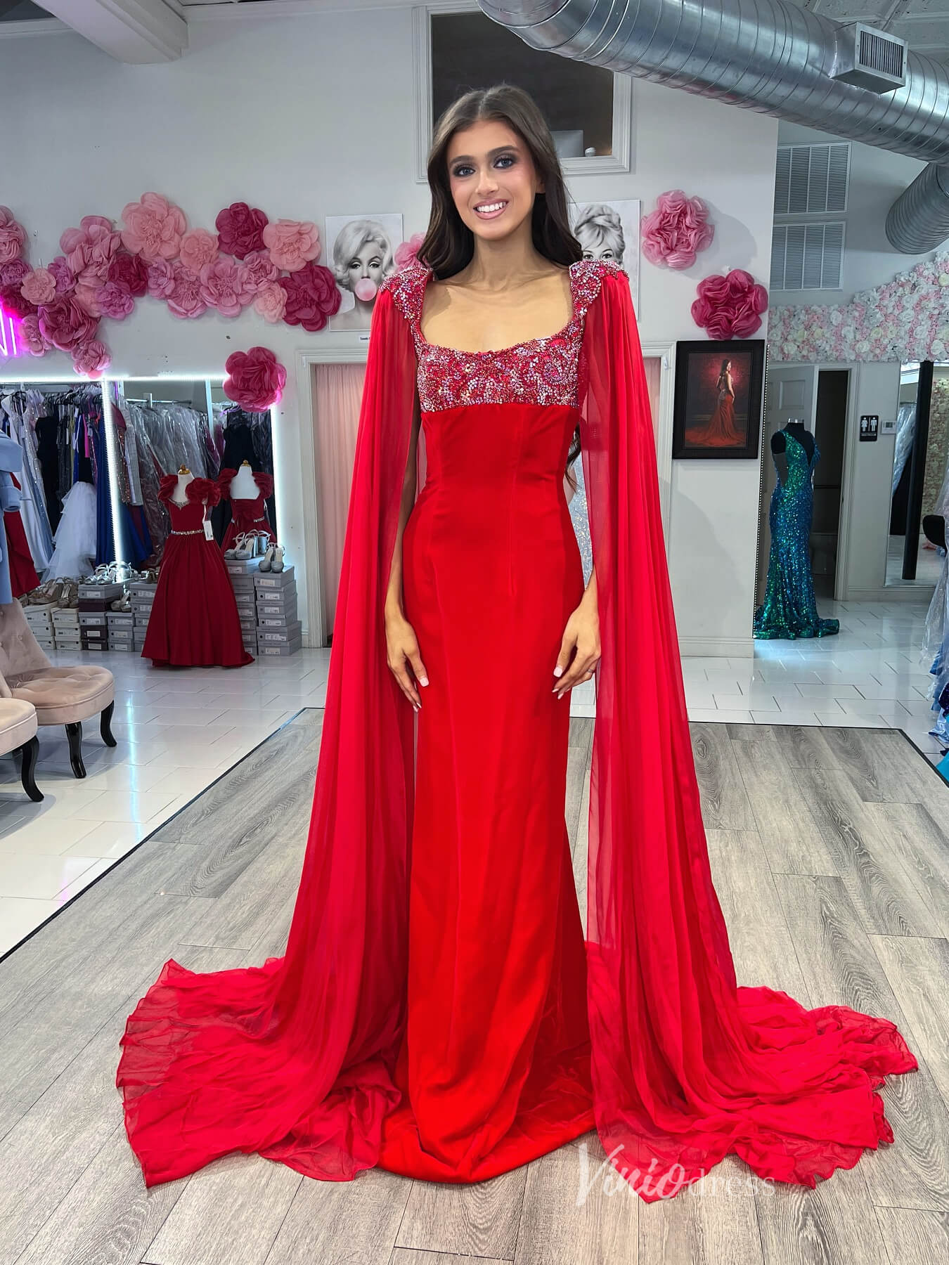 Red Satin Sheath Prom Dresses Chiffon Cape Sleeve Beaded Bodice Formal Gown FD3994-prom dresses 2025 -Viniodress-Red-Custom Size-