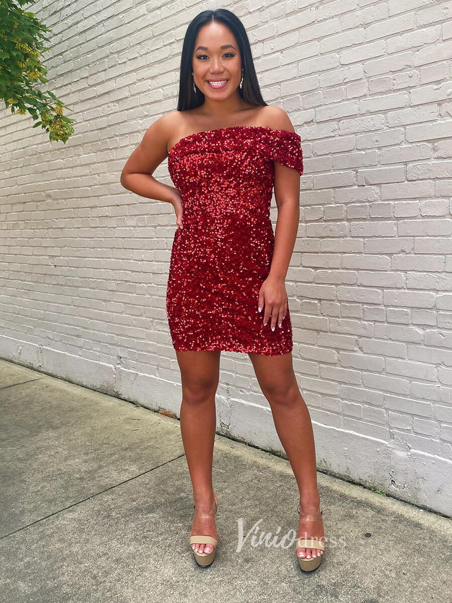 Red Sequin Homecoming Dresses One Shoulder Cocktail Dress SD1517-Homecoming Dresses 2025 -Viniodress-Red-Custom Size-