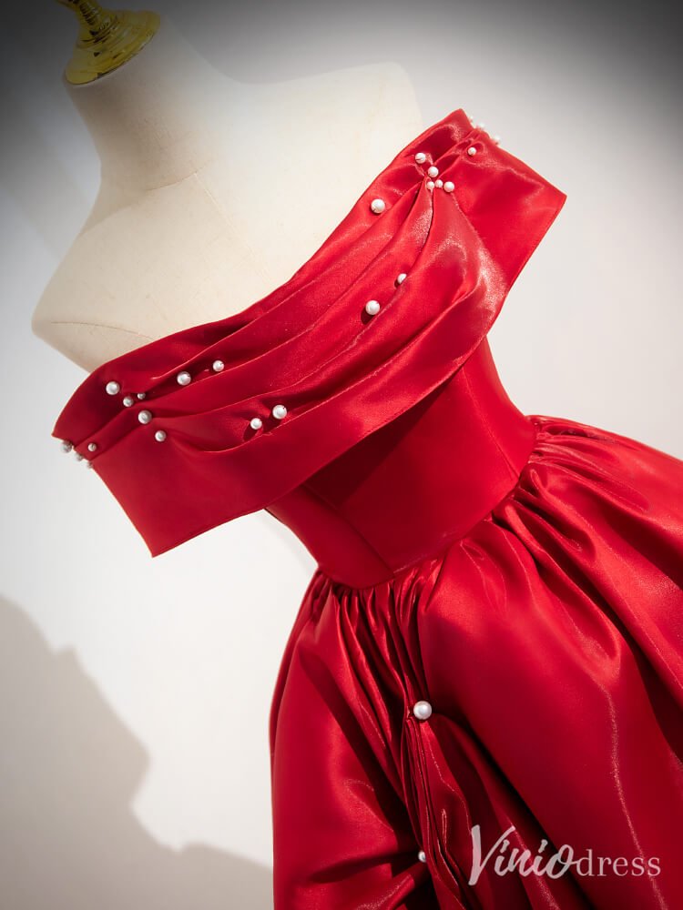 Red Shiny Satin Prom Dresses Off the Shoulder Formal Gown 90070-prom dresses 2025 -Viniodress-Red-Custom Size-