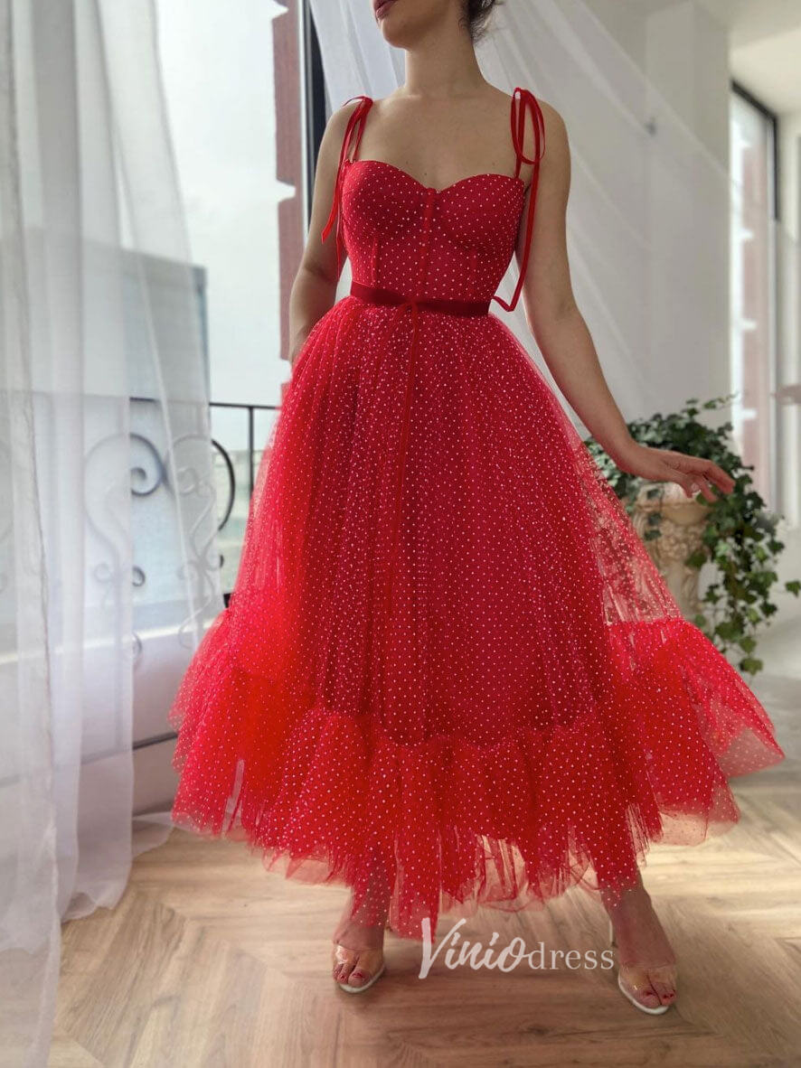 Robe de bal mi longue rouge a bretelles Spaghetti robe de soiree en T Viniodress