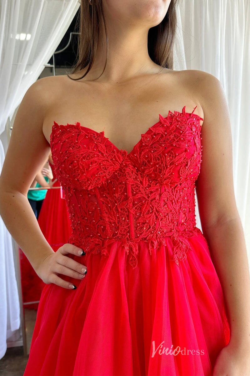 Red Strapless Lace Applique Prom Dresses Ruffle Tulle Formal Gown FD4089-prom dresses 2025 -Viniodress-Red-Custom Size-