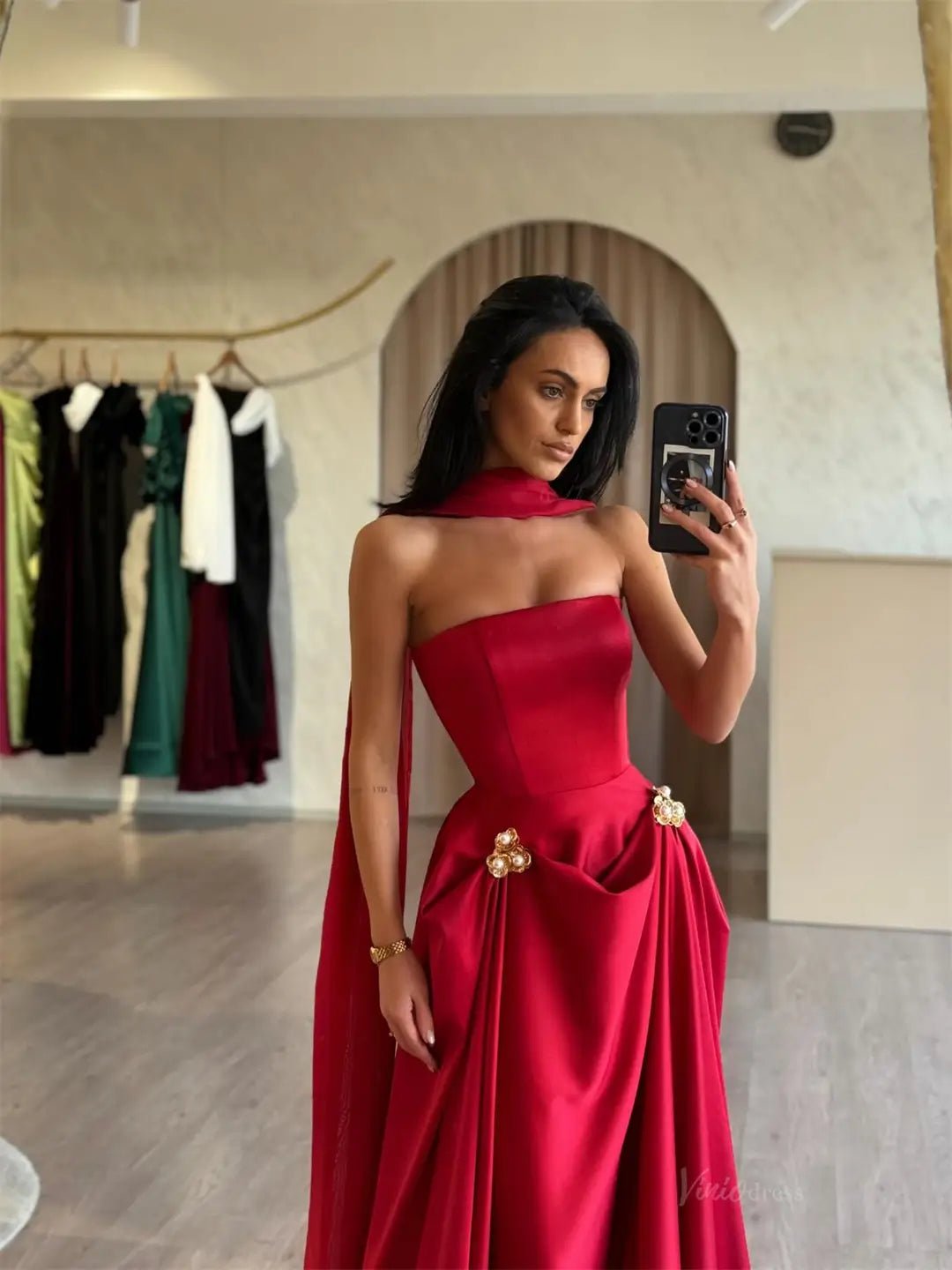 Red Strapless Satin Prom Dresses 2025 with Shawl – FD5211b-prom dresses 2025 -Viniodress-Red-Custom Size-