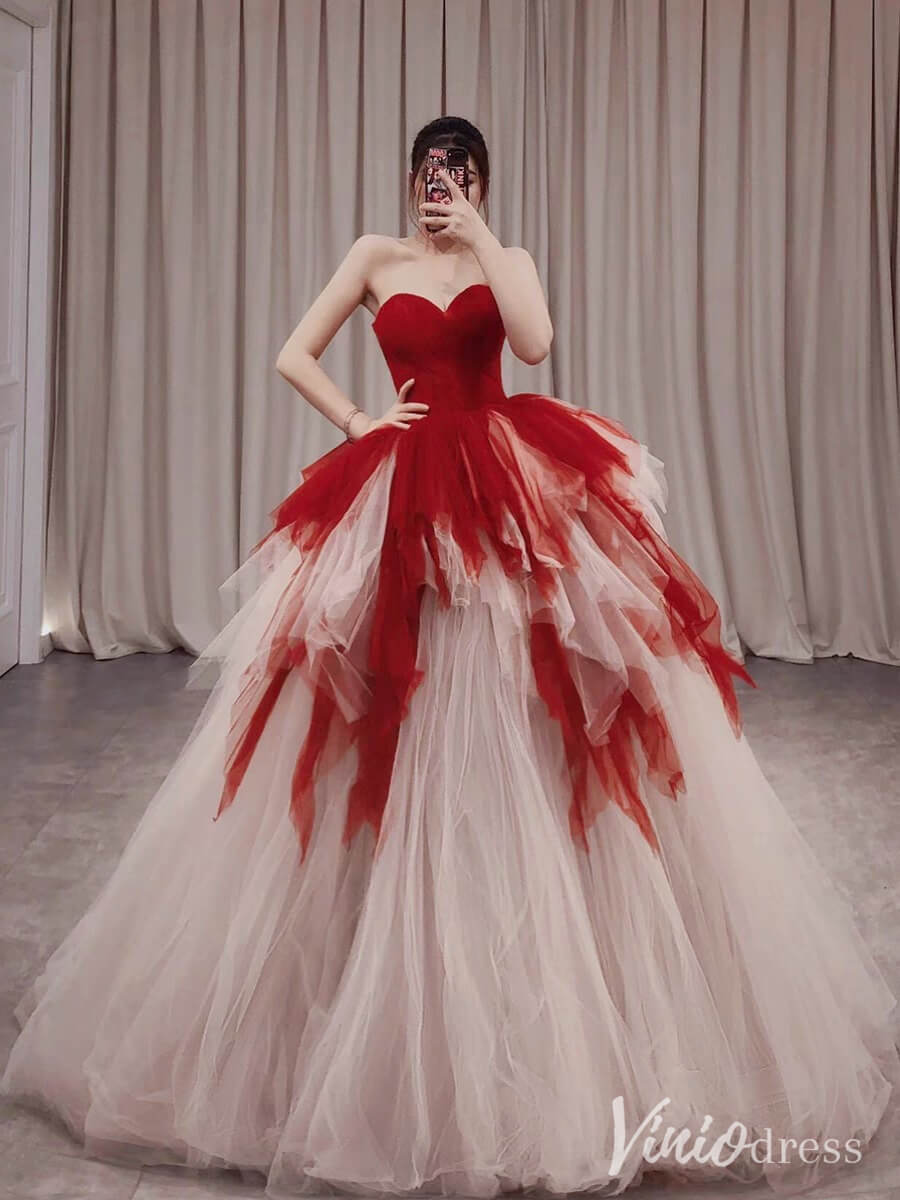 Red Strapless Tiered Ruffled Prom Dresses Sweetheart Tulle Ball Gown A –  Viniodress