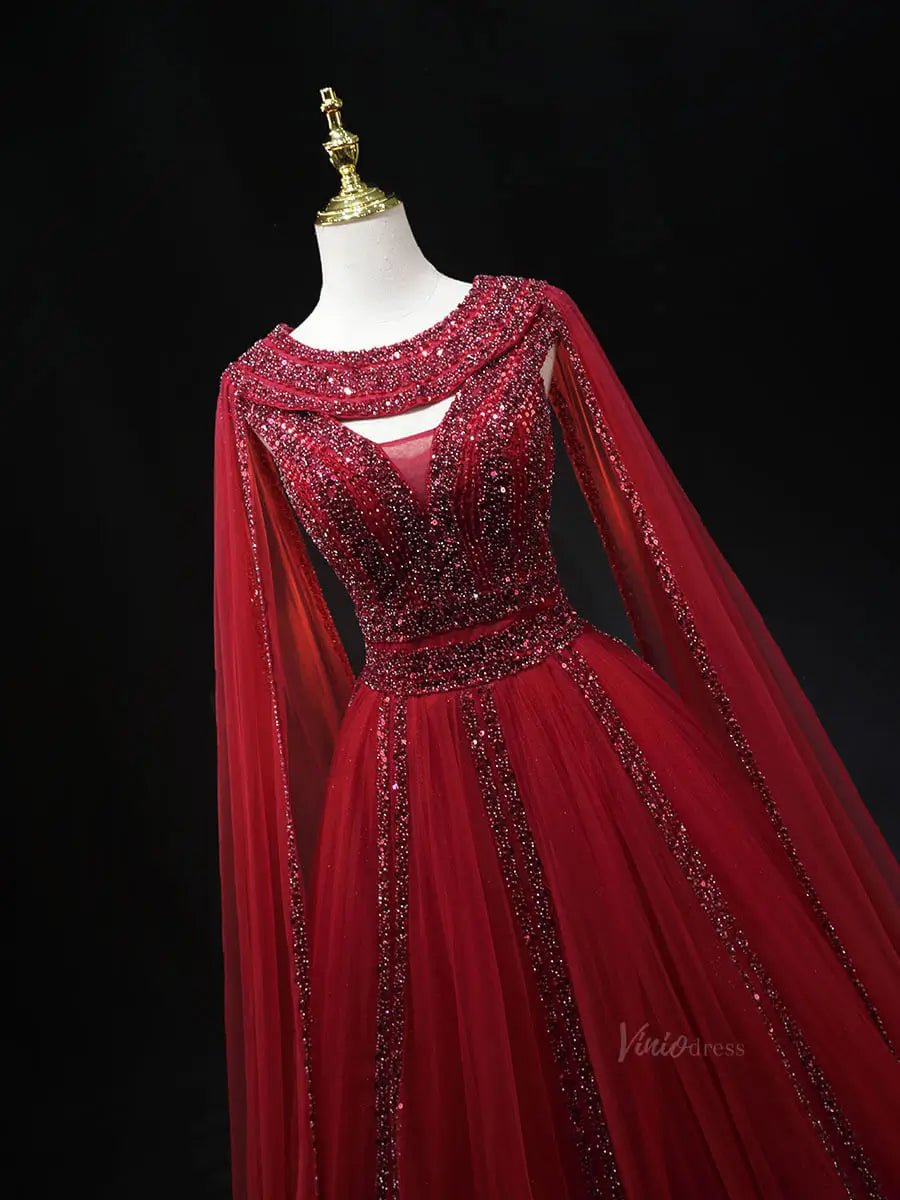 Red Tulle Prom Dresses with Cape Sleeve, Beaded, Boat Neck, Formal Gown SU058-prom dresses 2025 -Viniodress-Red-Custom Size-