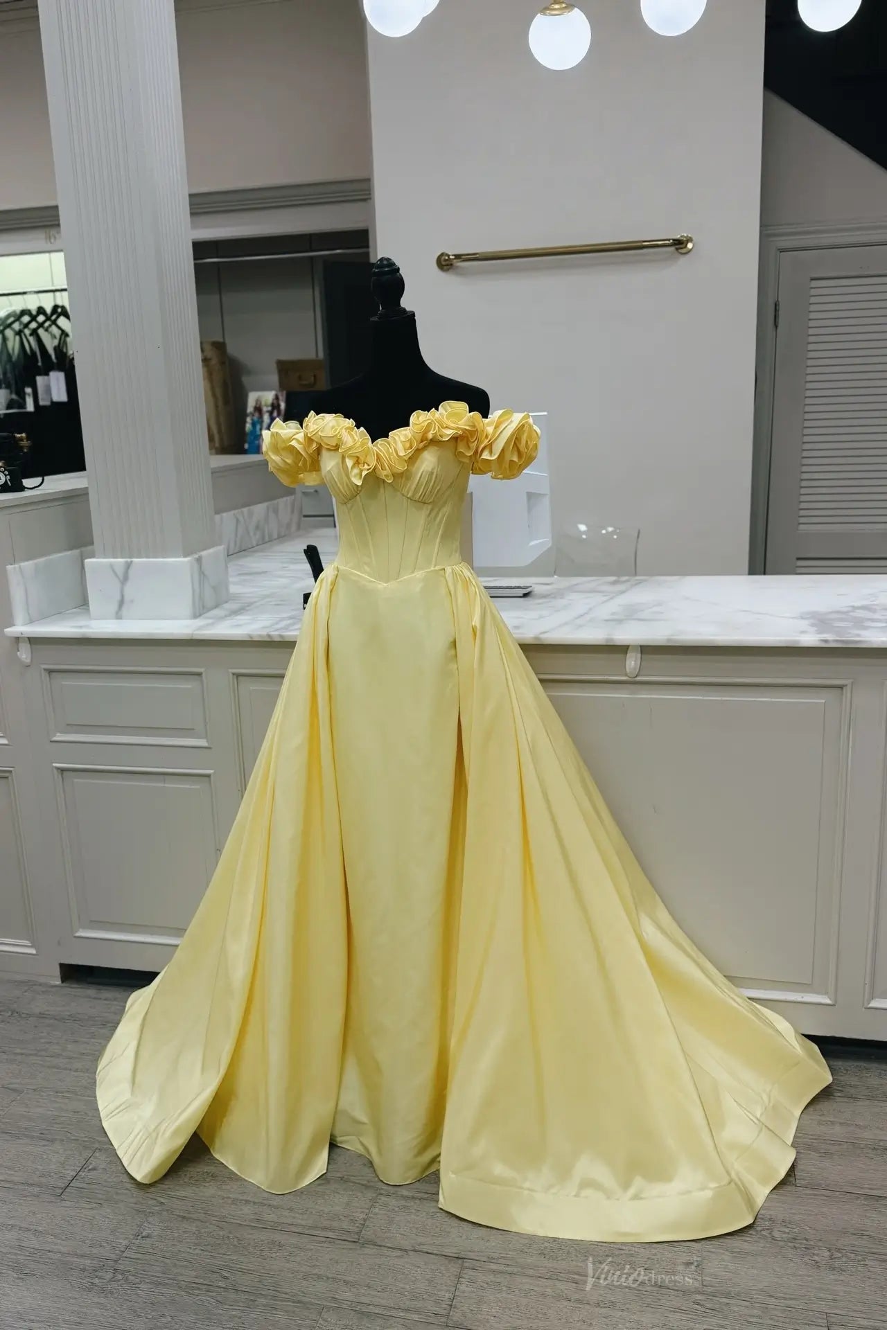 open lace back dress Yellow Jacquard Satin Bow-Tie Homecoming Dress Off The Shoulder Graduation Dress HC334 Custom Colors / 22w