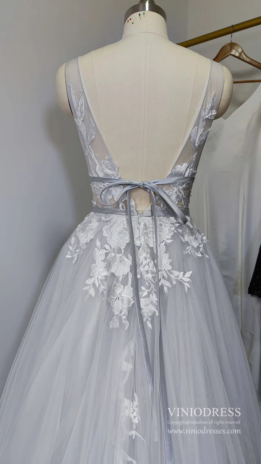 V Neck A Line Floral Silver Wedding Dresses VW1129-wedding dresses 2025 -Viniodress-Silver-Custom Size-