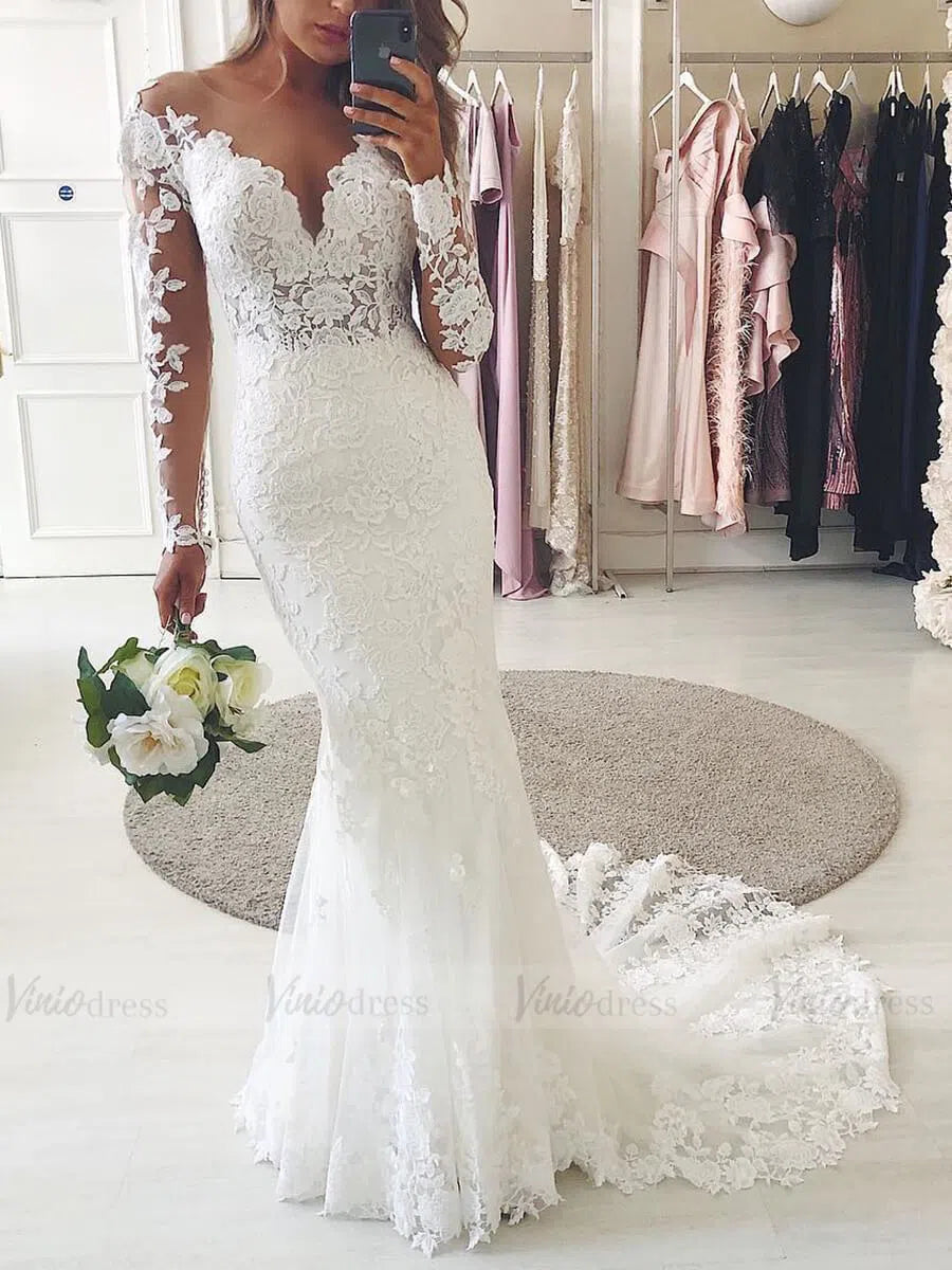 Romantic Beaded Floral Lace Mermaid Wedding Dresses with Long Sleeves   Viniodress