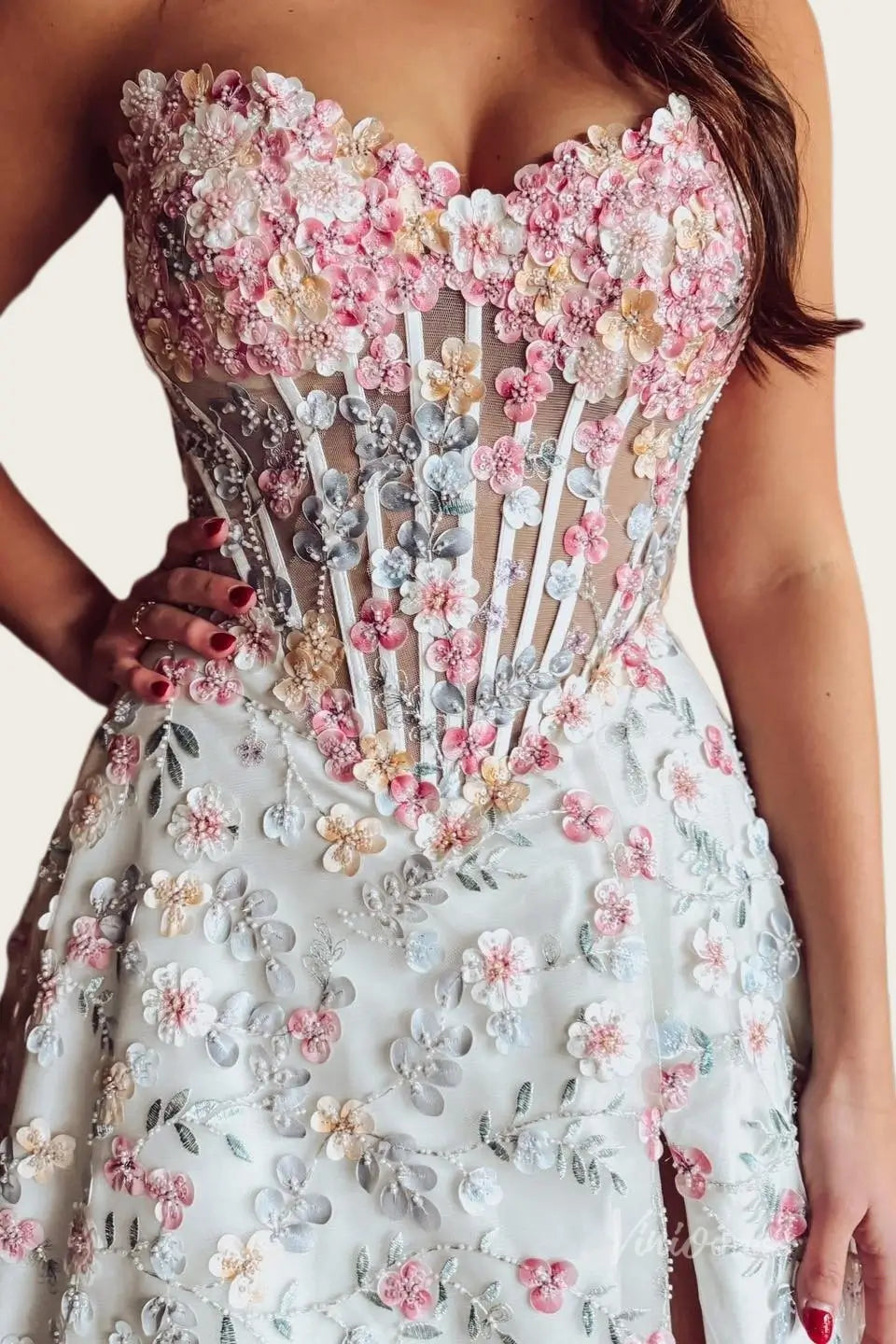 Romantic Blush 3D Floral Wedding Dress with Sheer Corset Bodice, High Slit & Sweep Train - FW263-wedding dresses 2026-Viniodress-Blush-Custom Size – Add Measurements in Cart-