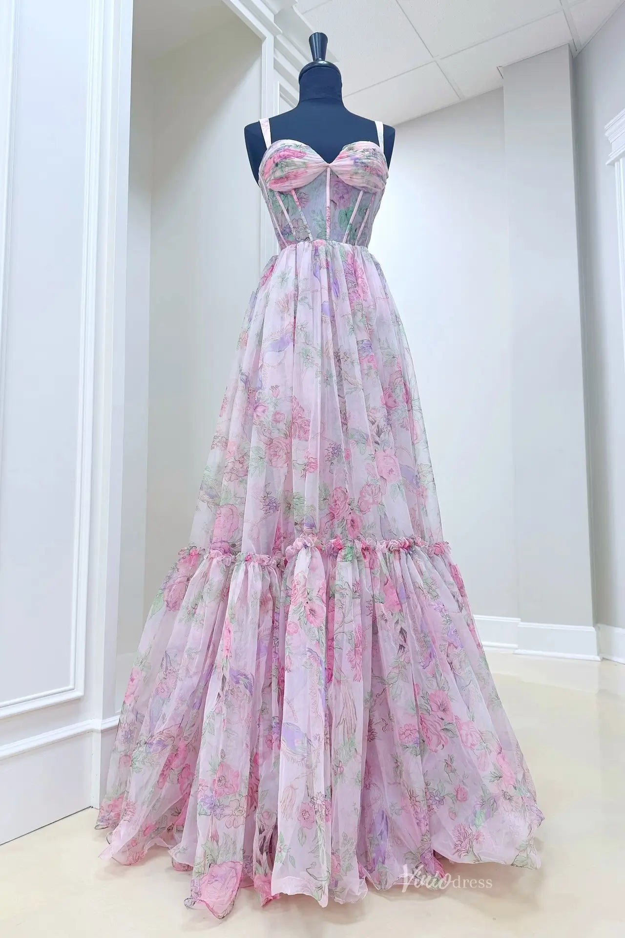 Blush Floral Print Prom Dress with Ruffle Tier & Sheer Corset AE1026 Viniodress Blush Floral Print Prom Dress with Ruffle Tier & Sheer Corset AE1026 Viniodress