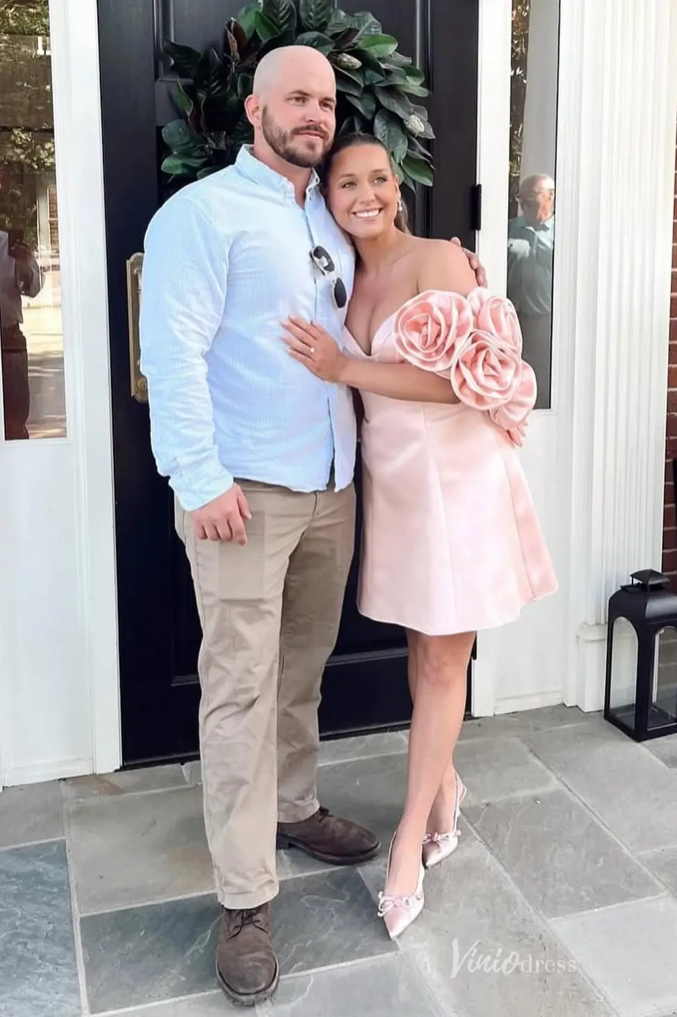 Romantic Blush Off-Shoulder Short Bridal Dress with 3D Satin Rose Sleeves & Sweetheart Neckline – BP003