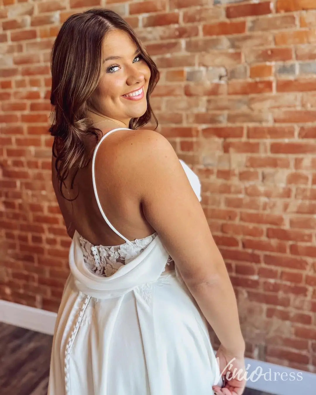 Romantic Crepe A-Line Wedding Dress with Lace Slit, Cowl Neckline, and Draped Back – MN132-wedding dresses 2025 -Viniodress-Ivory-Custom Size-