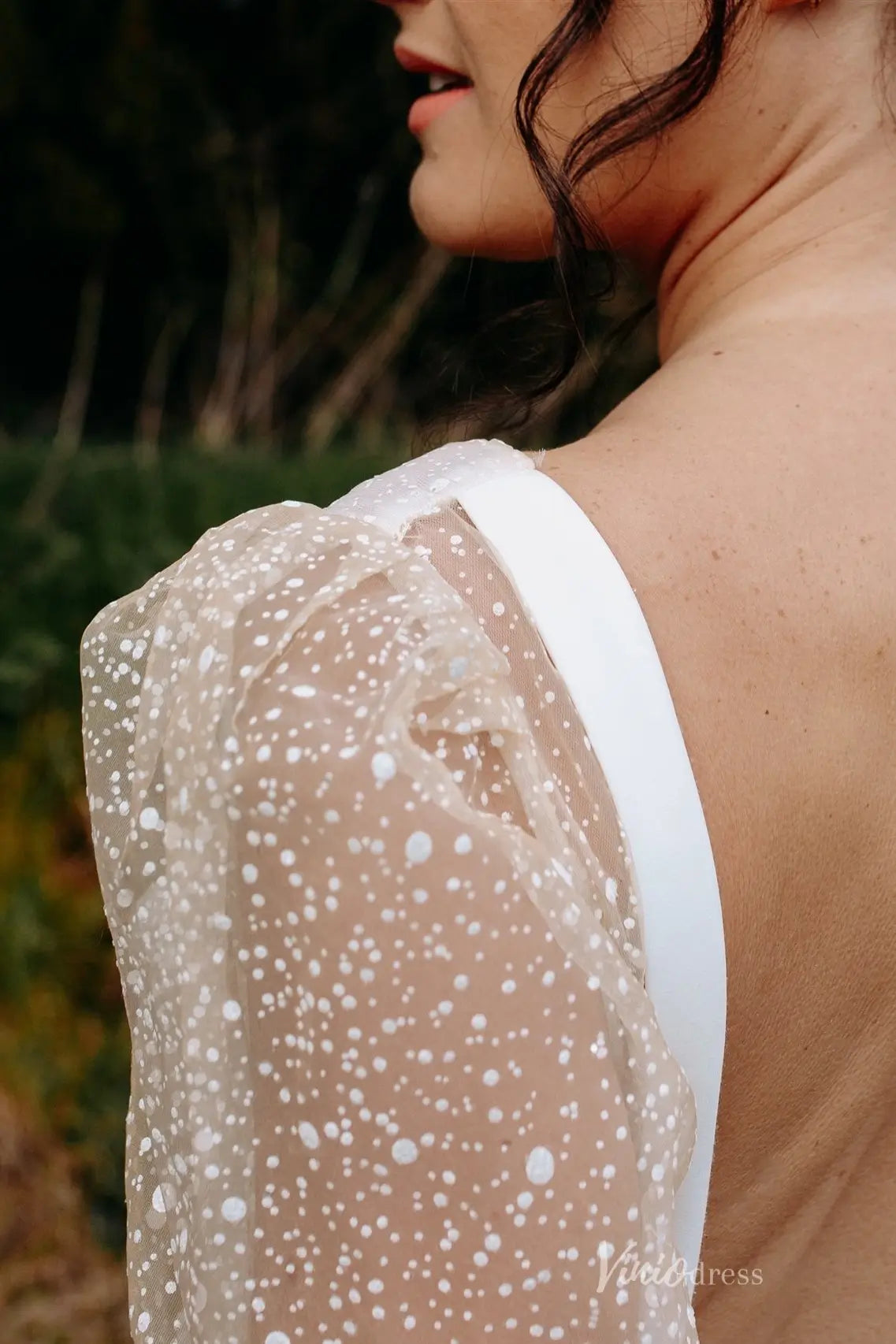 Romantic Deep V Neck Wedding Dress with Sheer Dotted Puff Sleeves, Low Back & Front Slit – MS133-wedding dresses 2026-Viniodress-Ivory-Custom Size-