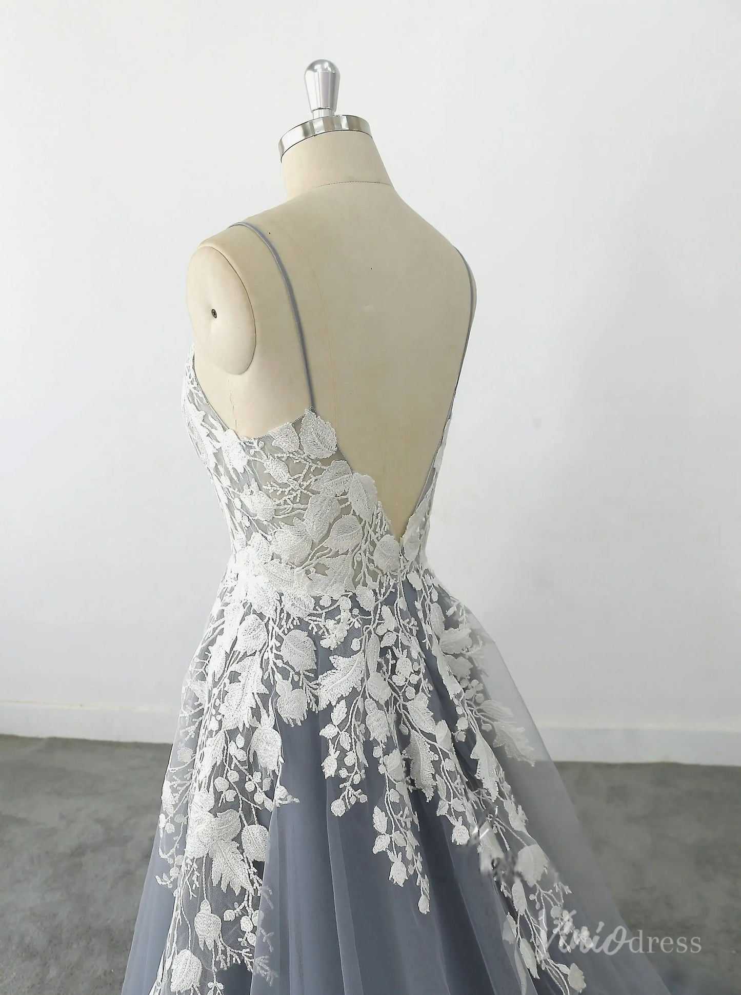 Romantic Dusty Blue Lace Wedding Dress with Spaghetti Straps, Floral Appliqués & Chapel Train – FW232-wedding dresses 2025 -Viniodress-Dusty Blue-Custom Size-