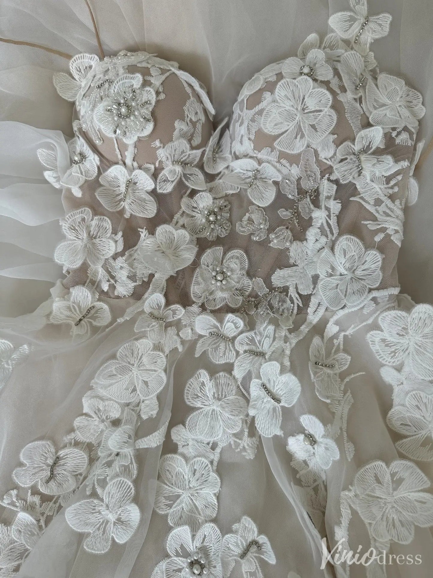 Romantic Floral Lace Wedding Dress with Illusion Bodice & Spaghetti Straps – VW2523-wedding dresses 2025 -Viniodress-Ivory-Custom Size-