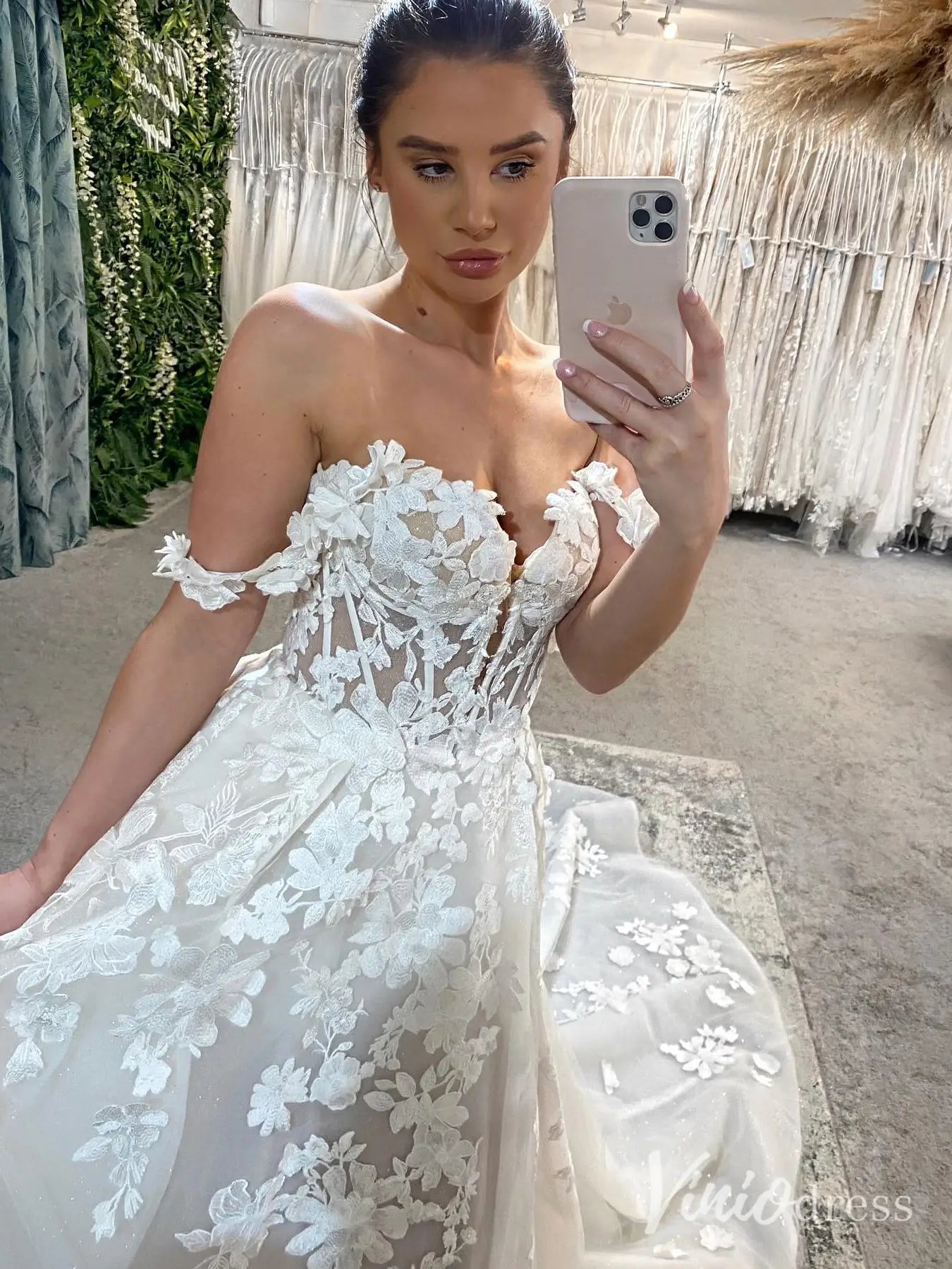 Romantic Floral Lace Wedding Dress with Slit, Sheer Corset Bodice, Chapel Train – LA104-wedding dresses 2025 -Viniodress-Ivory-Custom Size-