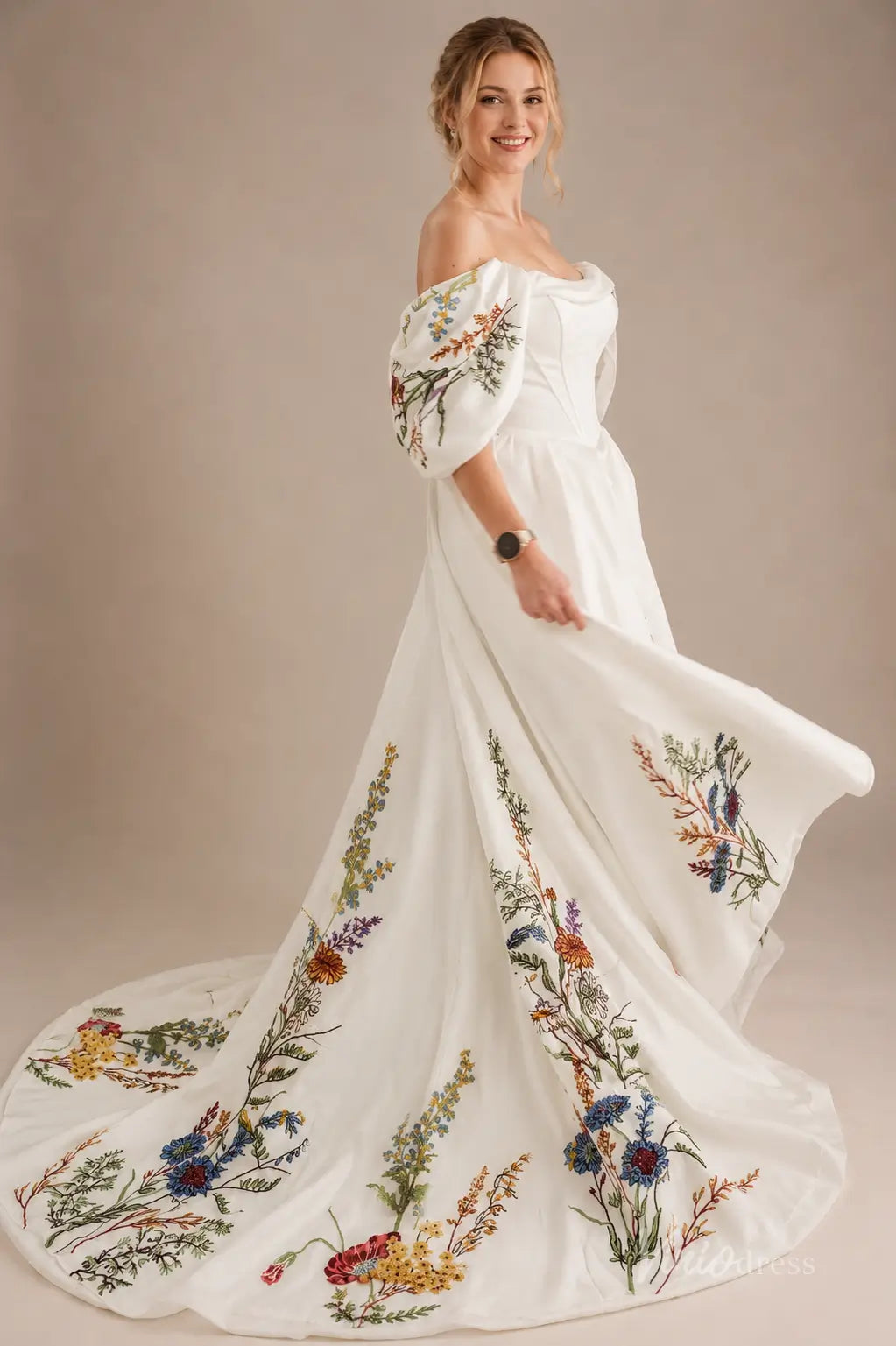 Romantic Ivory Botanical Wedding Dress with Off-Shoulder Puff Sleeves, Corset Bodice & Chapel Train - FW287-wedding dresses 2026-Viniodress-Ivory-Custom Size – Add Measurements in Cart-