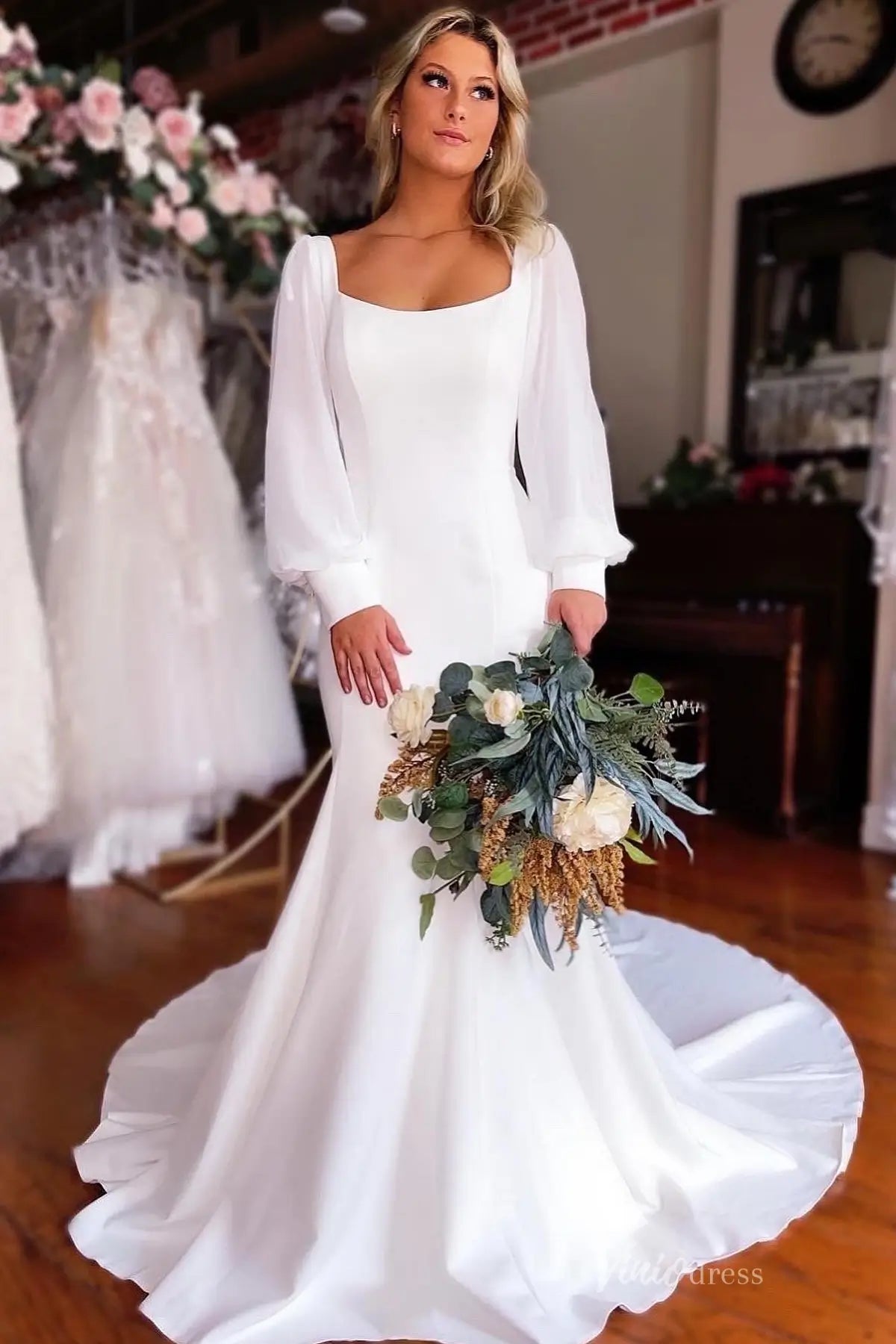 Romantic Ivory Crepe Fit-and-Flare Wedding Dress with Square Neckline, Long Puff Sleeves & Chapel Train – MN142