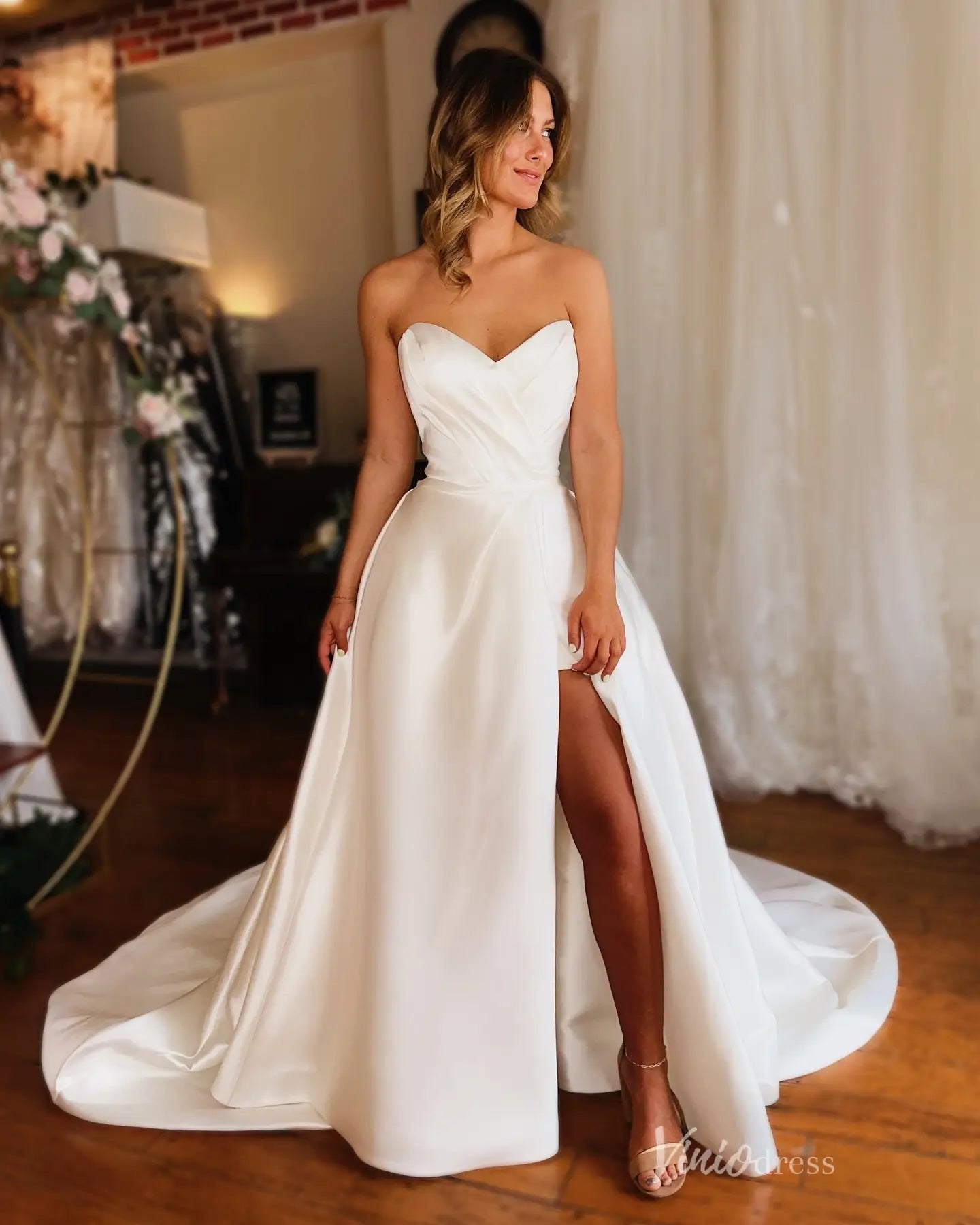 Romantic Ivory Satin A-Line Wedding Dress with Strapless Sweetheart Draped Bodice, High Slit & Chapel Train – MN149