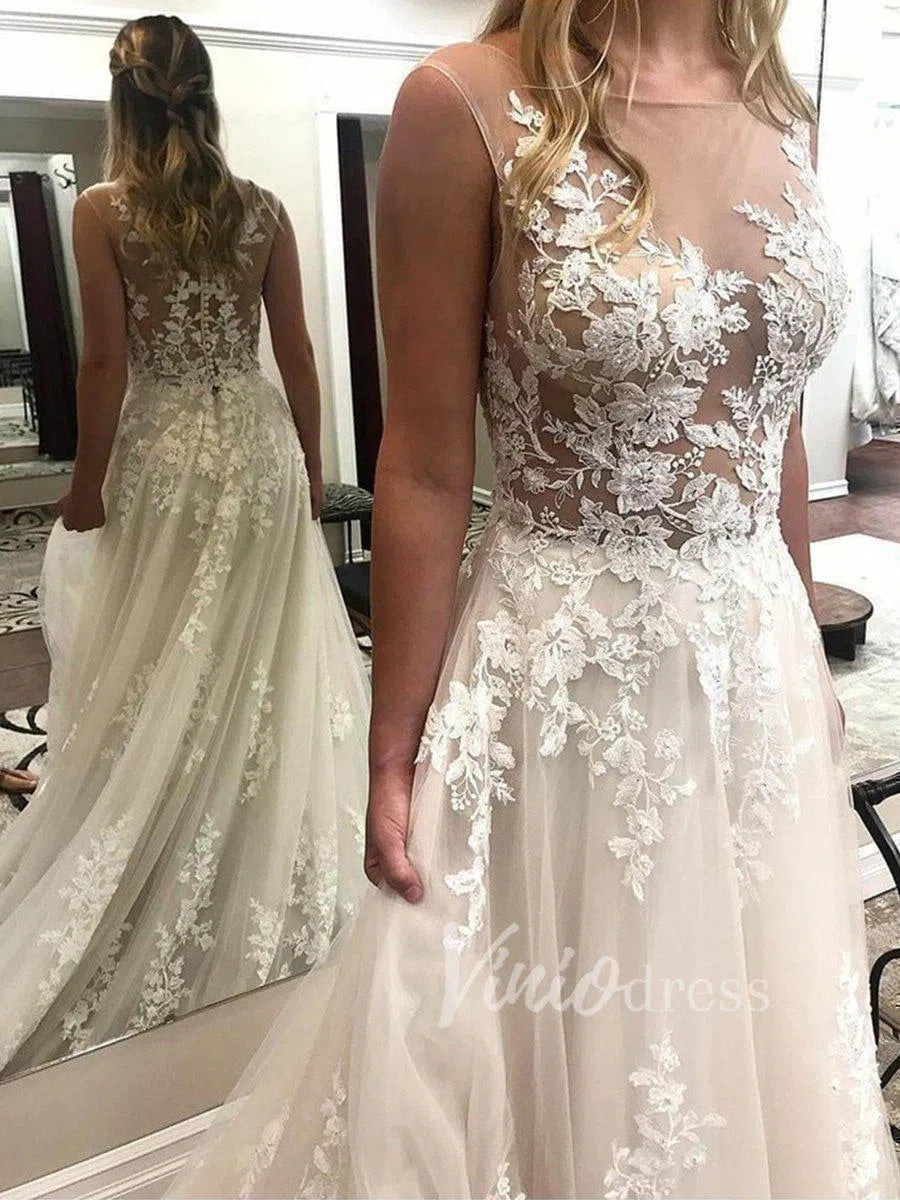 Romantic Lace Applique Wedding Dresses Illusion Neckline A-line Tulle Bridal Gown VW1233-wedding dresses 2025 -Viniodress-Ivory-Custom Size-