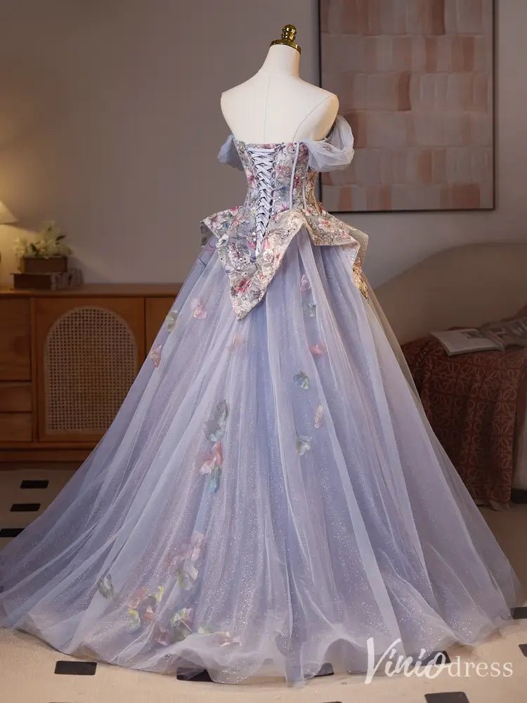 Romantic Lavender Floral Corset Ball Gown – Off-Shoulder Fairy Tale Dress with Tulle Overskirt & 3D Butterfly Appliqués BJ074-prom dresses 2025 -Viniodress-Lavender-Custom Size-