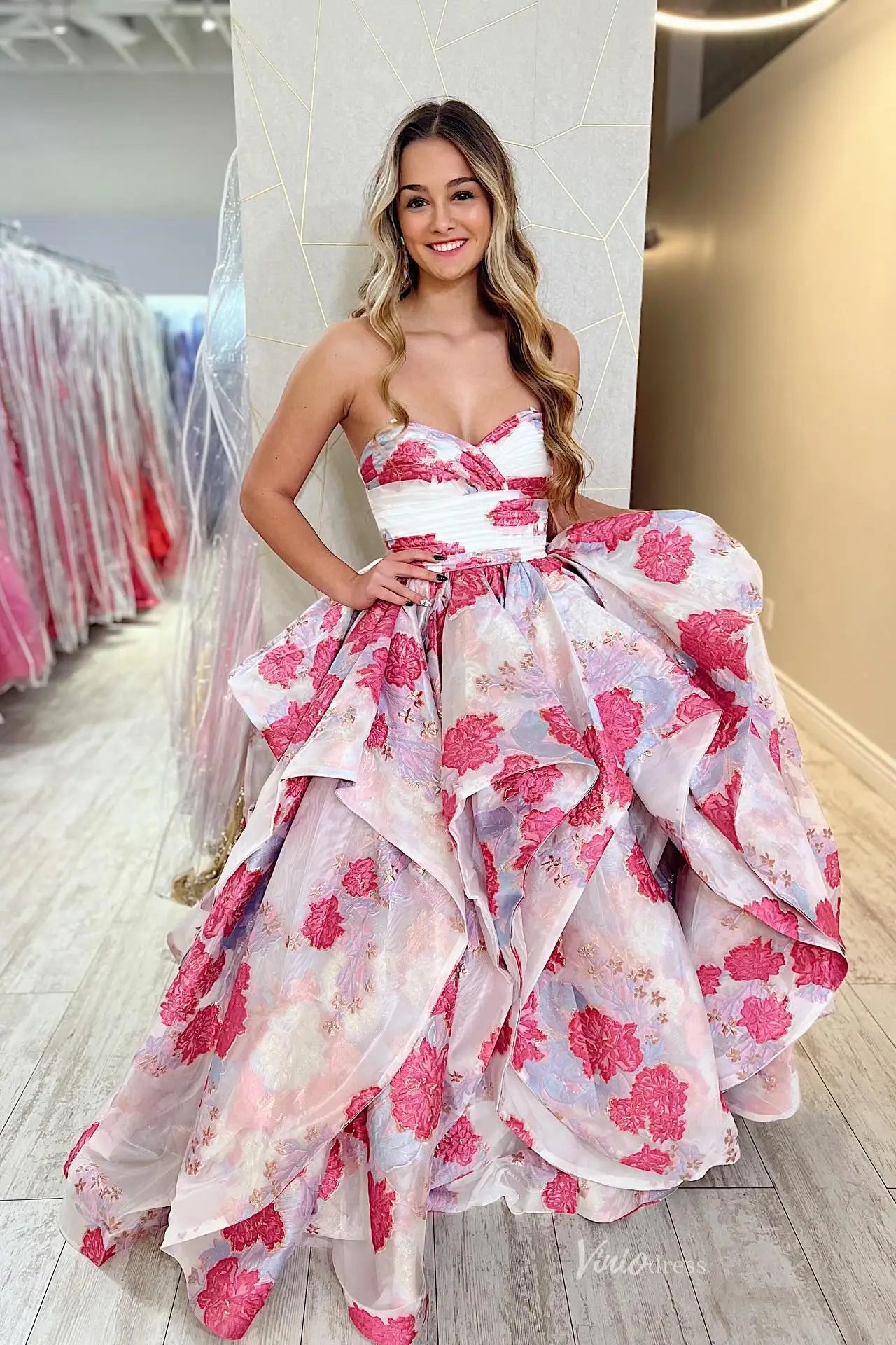Pink Floral Jacquard Ball Gown Prom Dress with Tiered Skirt LY003 Viniodress Pink Floral Jacquard Ball Gown Prom Dress with Tiered Skirt LY003 Viniodress