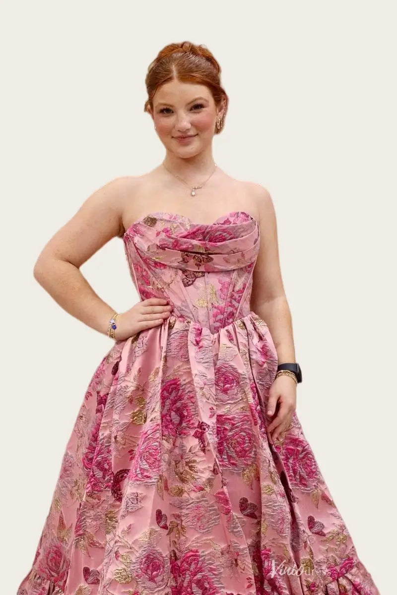 Romantic Pink Floral Jacquard Prom Dress with Draped Cowl Neck, Corset Bodice & A-Line Skirt – JC044-prom dresses 2026-Viniodress-Pink-Custom Size – Add Measurements in Cart-