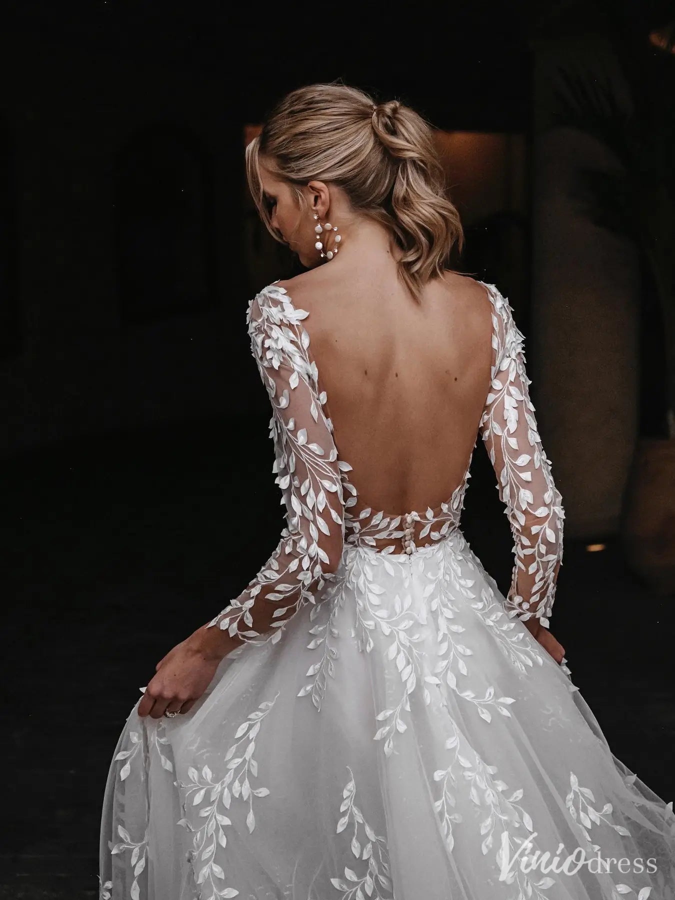 Romantic Wedding Dress with Sheer Long Sleeves, Lace Applique, Open Back – VW2598-wedding dresses 2025 -Viniodress-Ivory-Custom Size-