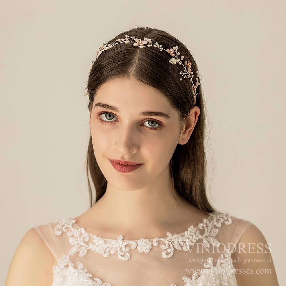 Rose Gold Floral Bridal Headband with Pearls AC1218-Headpieces 2025 -Viniodress-As Picture-