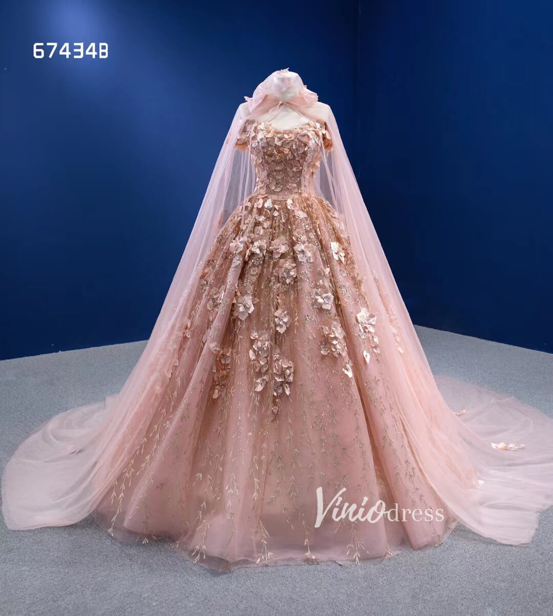 Rose Gold Floral Quince Gown Sweet 16 Dress with Cape 67434B – Viniodress