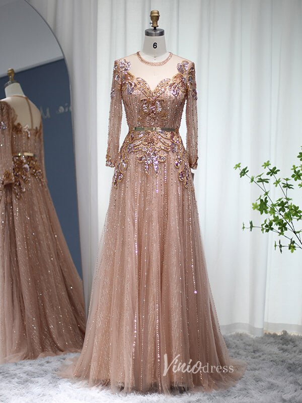 Robes de bal en dentelle or rose, robe de soirée perlée à manches