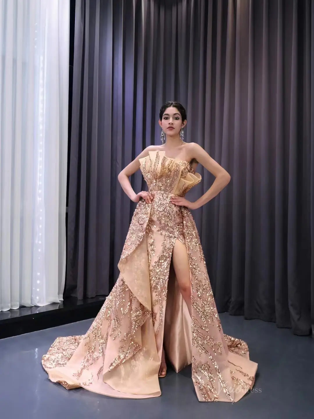 Rose Gold Overskirt Prom Dresses Strapless Sequin Lace Pageant Gowns 2 Viniodress Rose Gold Overskirt Prom Dresses Strapless Sequin Lace Pageant Gowns 2 Viniodress
