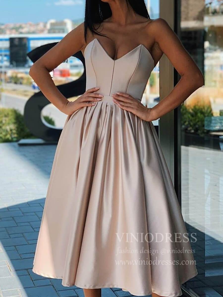 Rose Pink Strapless Tea Length Prom Dresses with Pockets SD1255-Homecoming Dresses 2025 -Viniodress-Nude-Custom Size-