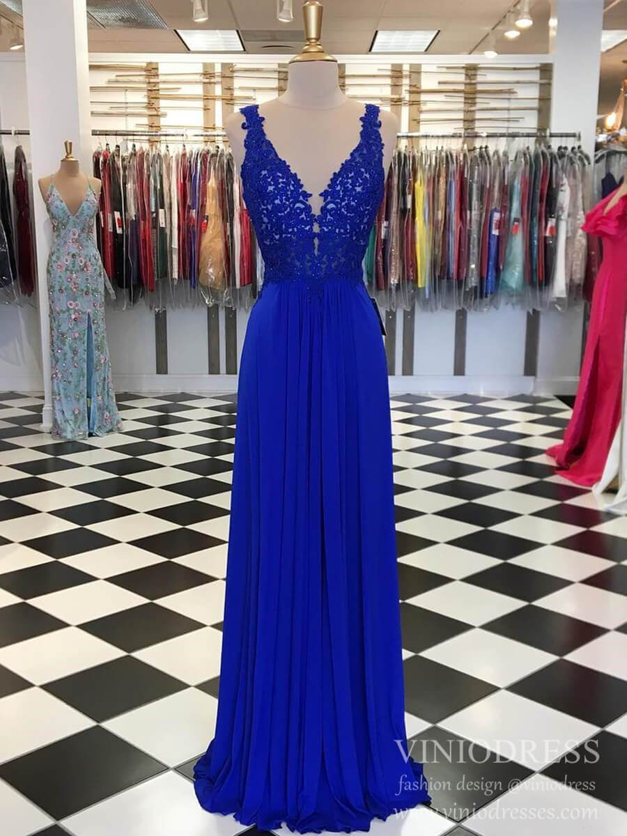 Viniodress Royal Blue Bridesmaid Dresses Lace Bodice Chiffon Prom Dress FD2126 Royal Blue US 6