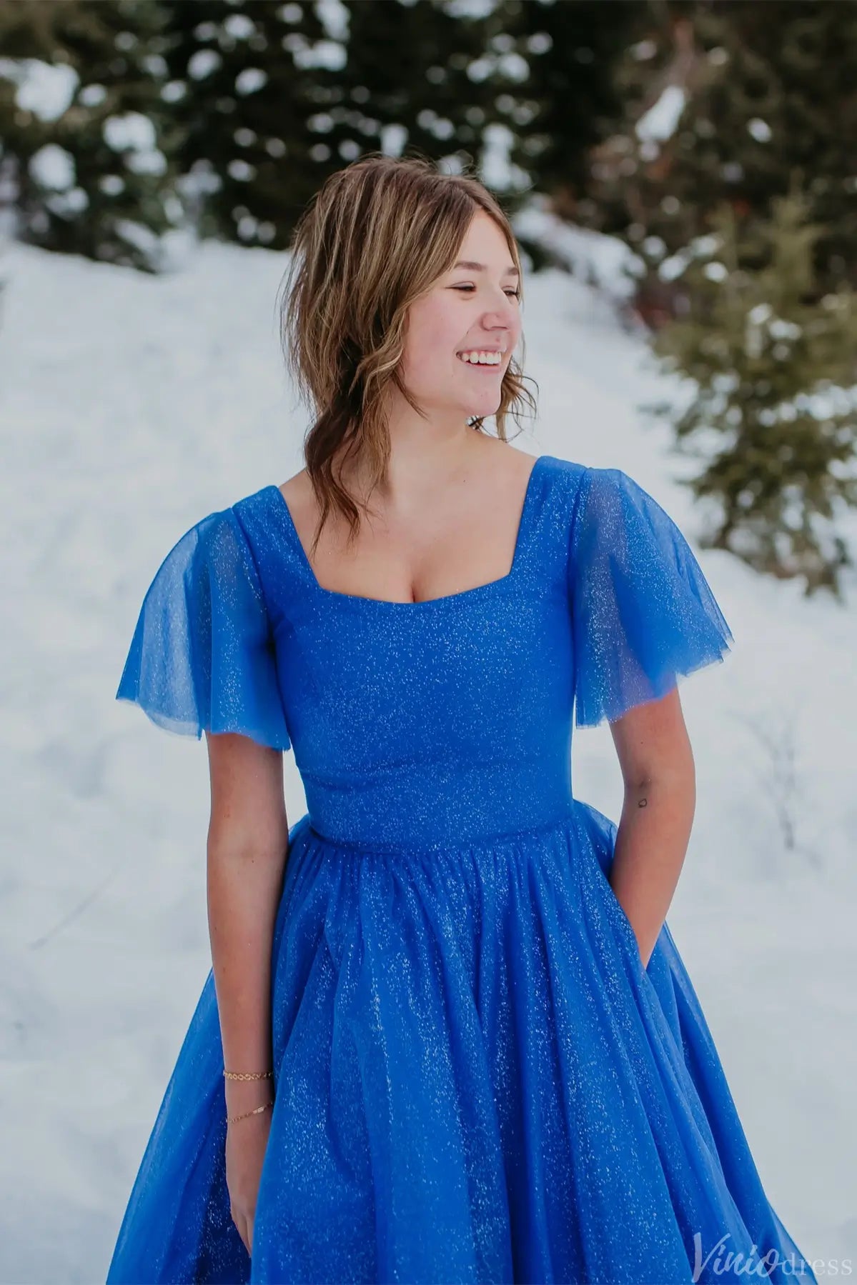 Royal Blue Glitter Tulle Ball Gown with Square Neckline, Flutter Sleeves & Pockets – AE1008-prom dresses 2025 -Viniodress-Royal Blue-Custom Size-