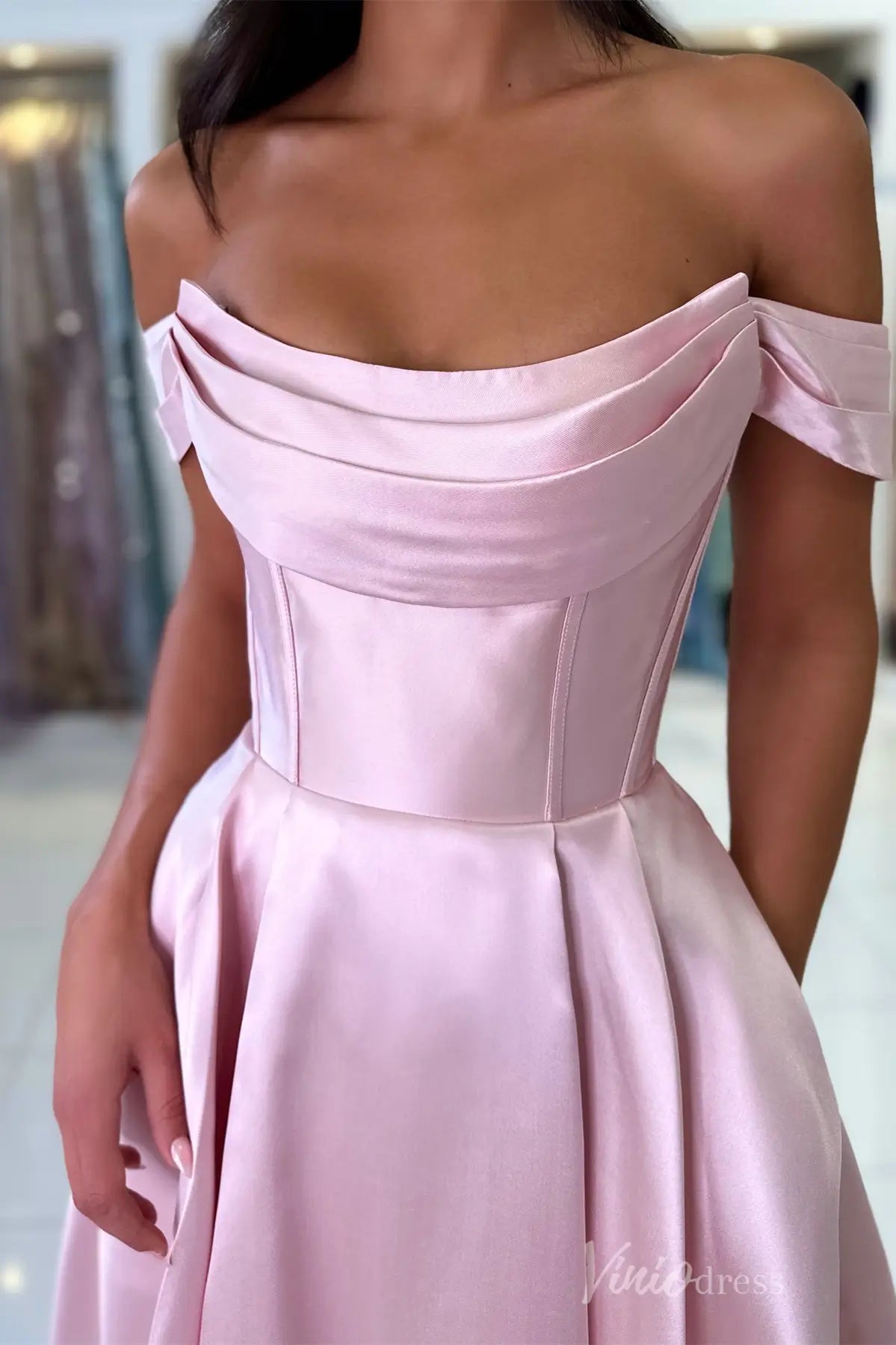 Royal Blue Off-Shoulder Satin Prom Dress with Draped Neckline, Corset Bodice, and Pockets – AS006-prom dresses 2025 -Viniodress-Blue-Custom Size-