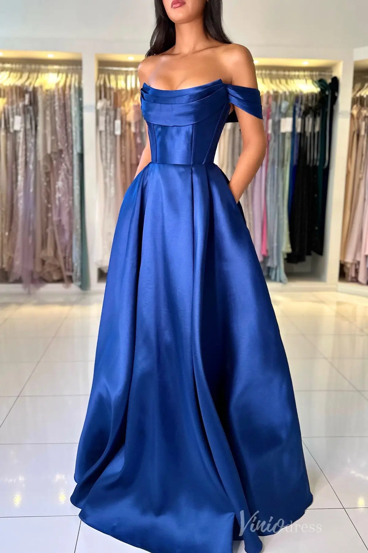 Royal Blue Off-Shoulder Satin Prom Dress with Corset Bodice and Pockets AS006 Viniodress Royal Blue Off-Shoulder Satin Prom Dress with Corset Bodice and Pockets AS006 Viniodress
