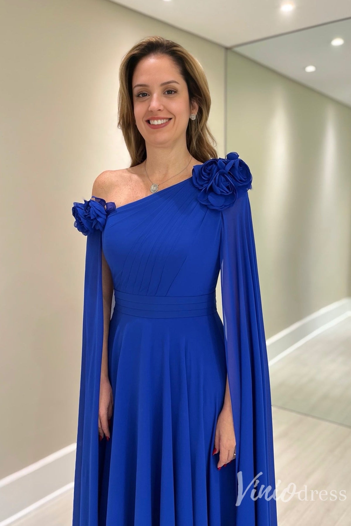 Royal Blue One-Shoulder Cape Sleeve Mother of the Bride Dress with 3D Flowers – FD6134-formal dresses 2025 -Viniodress-Blue-Custom Size-