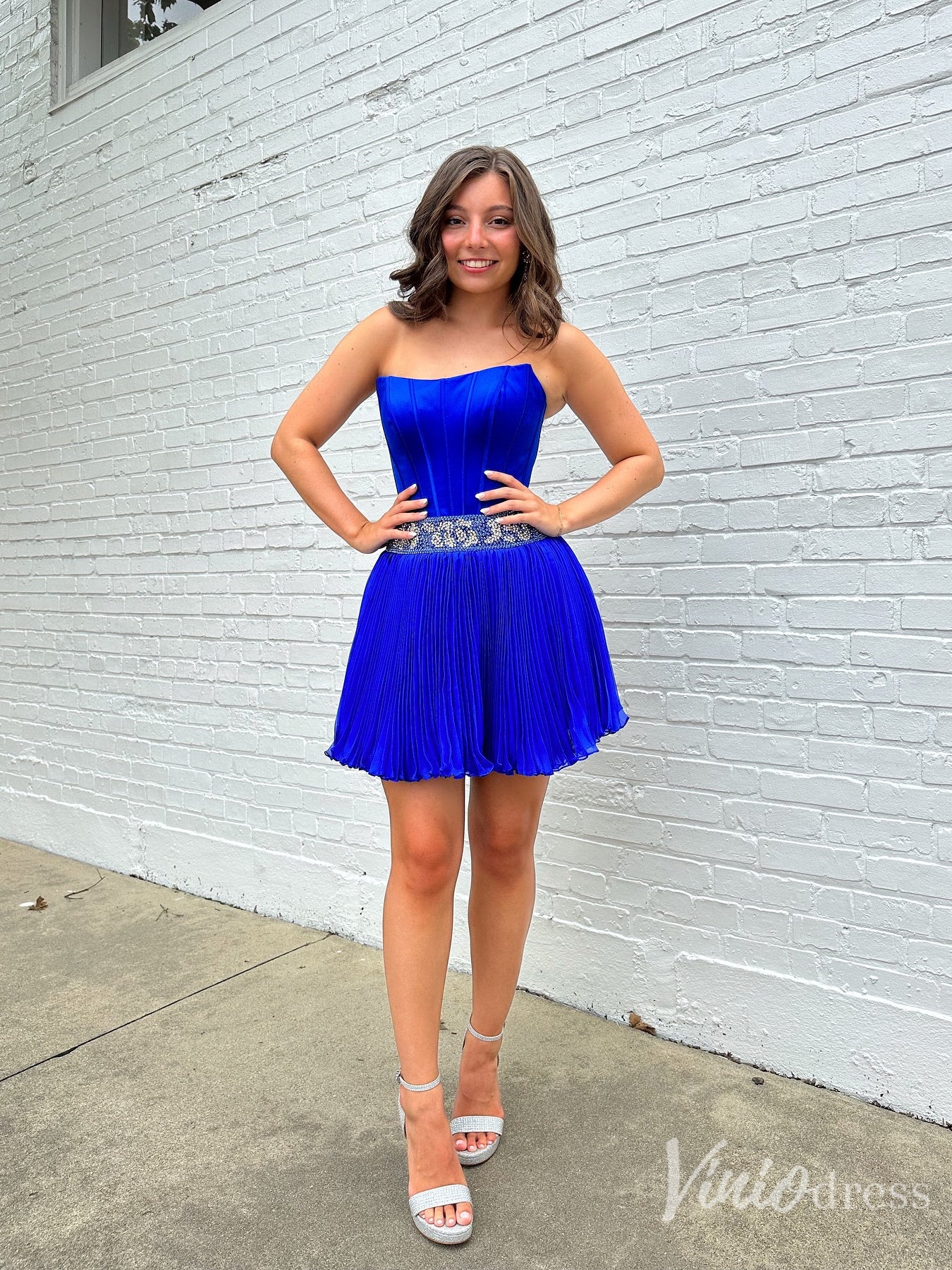 Royal Blue Pleated Homecoming Dress with Strapless Corset Bodice and Rhinestone Waist – SD1704-prom dresses 2025 -Viniodress-Blue-Custom Size-