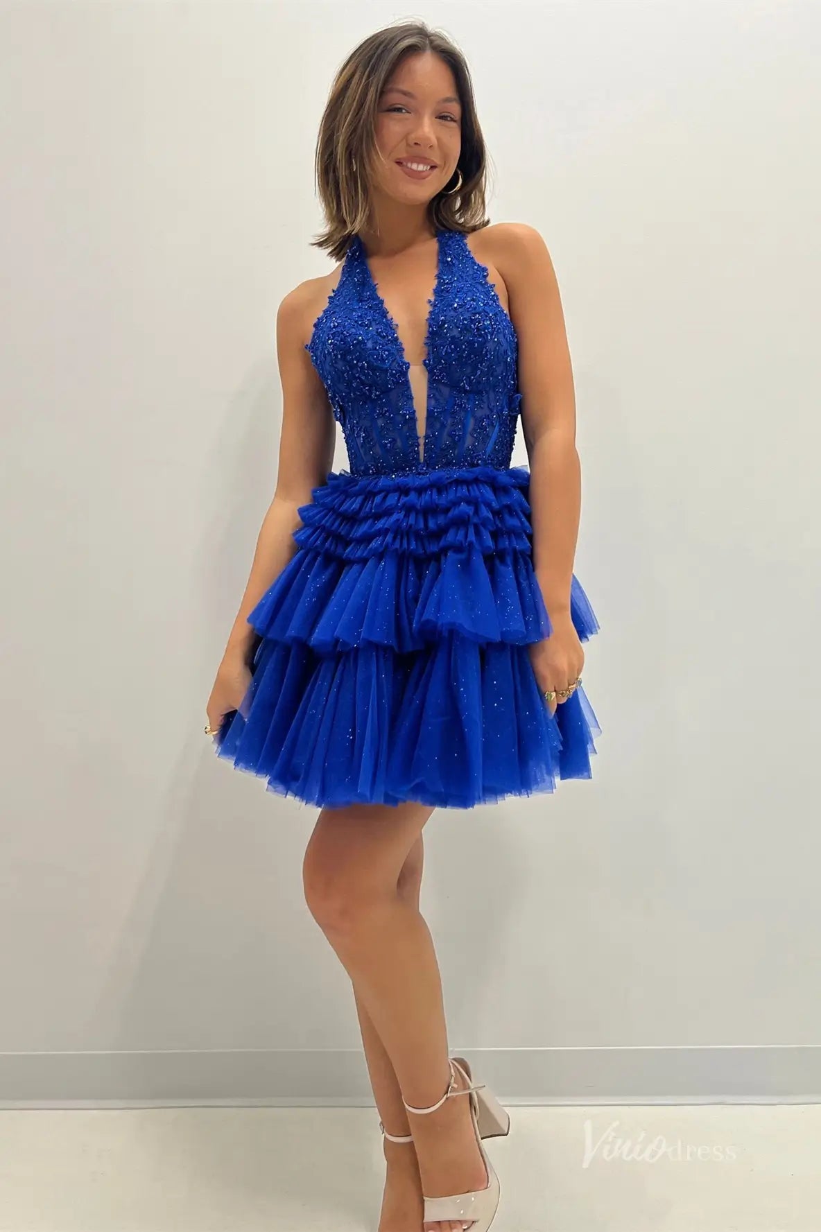 Royal Blue Plunging Halter Homecoming Dress with Tiered Glitter Tulle Skirt H1133 Viniodress Royal Blue Plunging Halter Homecoming Dress with Tiered Glitter Tulle Skirt H1133 Viniodress