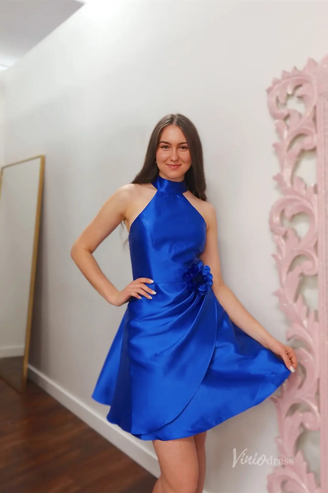 Royal Blue Satin Homecoming Dress with Halter Neckline and 3D Floral Appliqué Waist – H1120-Homecoming Dresses 2025 -Viniodress-Blue-Custom Size-