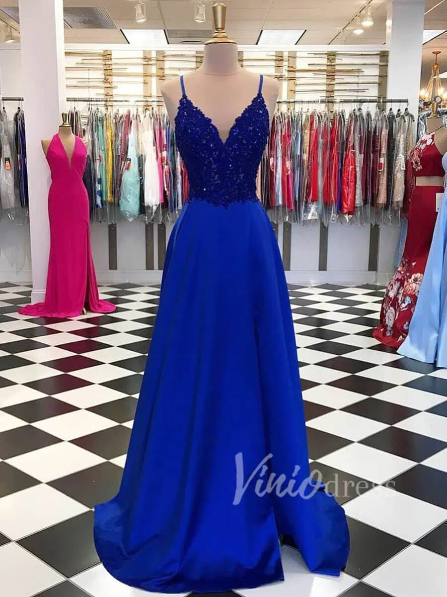 Royal Blue Spaghetti Strap Prom Dresses with Side Slit FD1570 – Viniodress