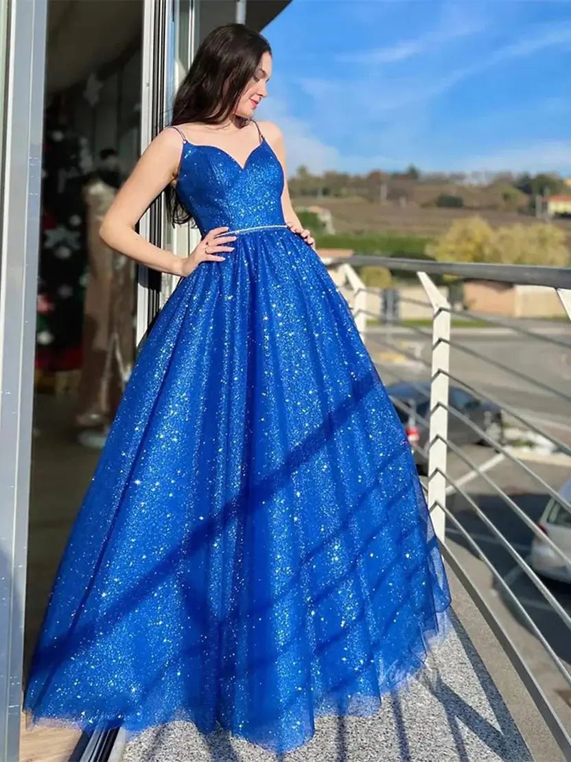 Royal Blue Sparkly Tulle Prom Dresses 2025 Spaghetti Strap Formal Gown - FD5116-prom dresses 2025 -Viniodress-Blue-Custom Size-