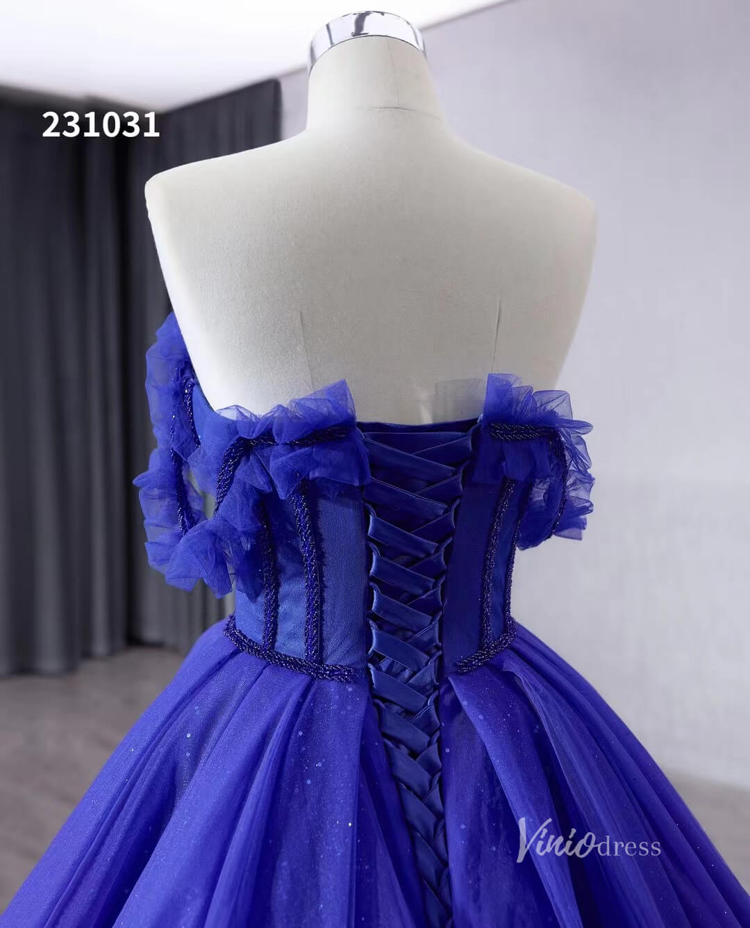Royal Blue Sparkly Tulle Wedding Gown Off the Shoulder Quinceanera Dress 231031-Quinceanera Dresses 2025 -Viniodress-Royal Blue-Custom Size-