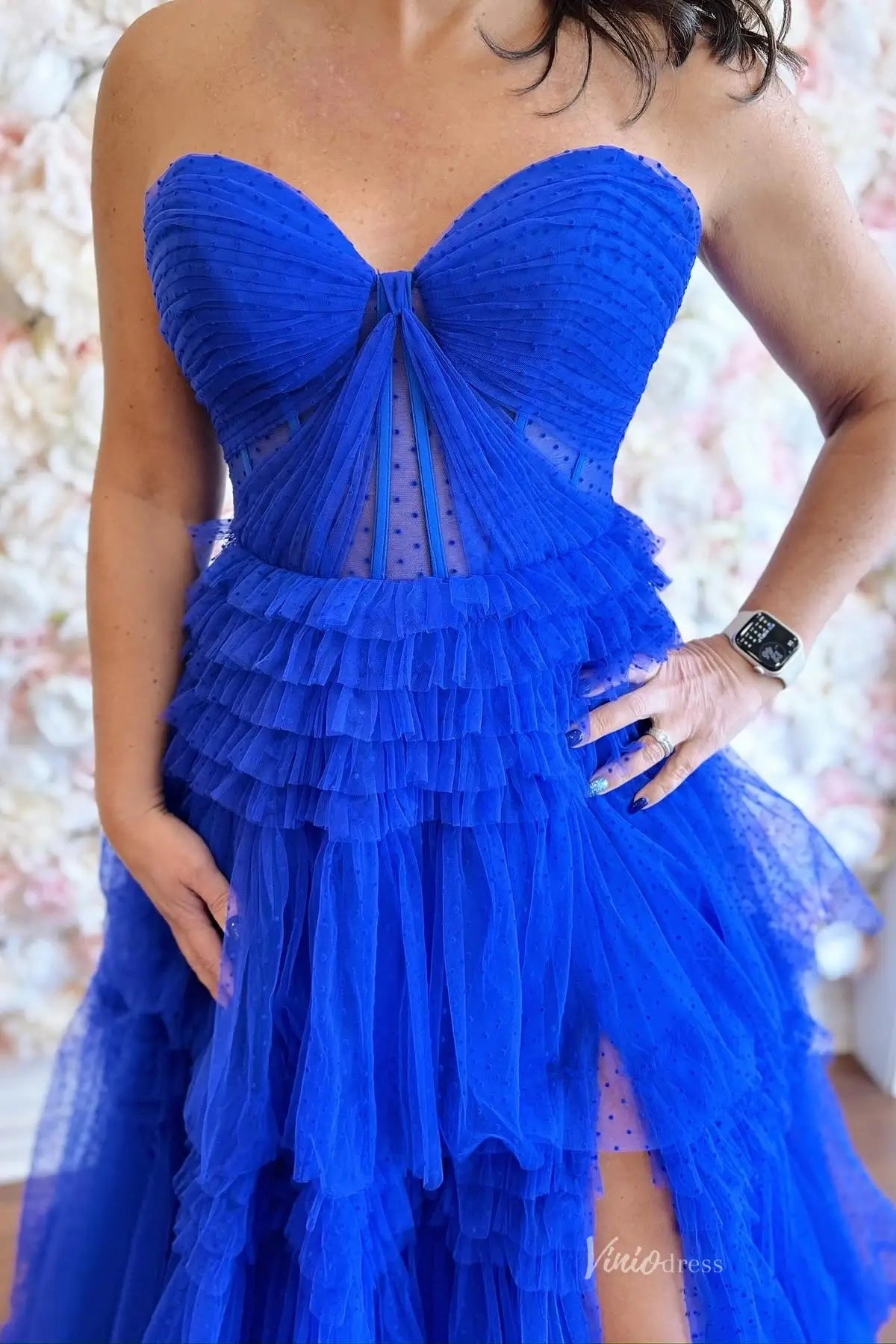 Royal Blue Strapless Ruffle Prom Dress with Sheer Ruched Bodice & High Slit – RF153-prom dresses 2026-Viniodress-Blue-Custom Size-