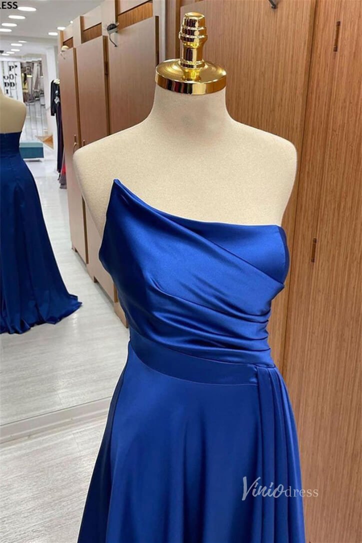 Royal Blue Strapless Satin Prom Dresses Pleated Bodice FD3987-prom dresses 2025 -Viniodress-Royal Blue-Custom Size-