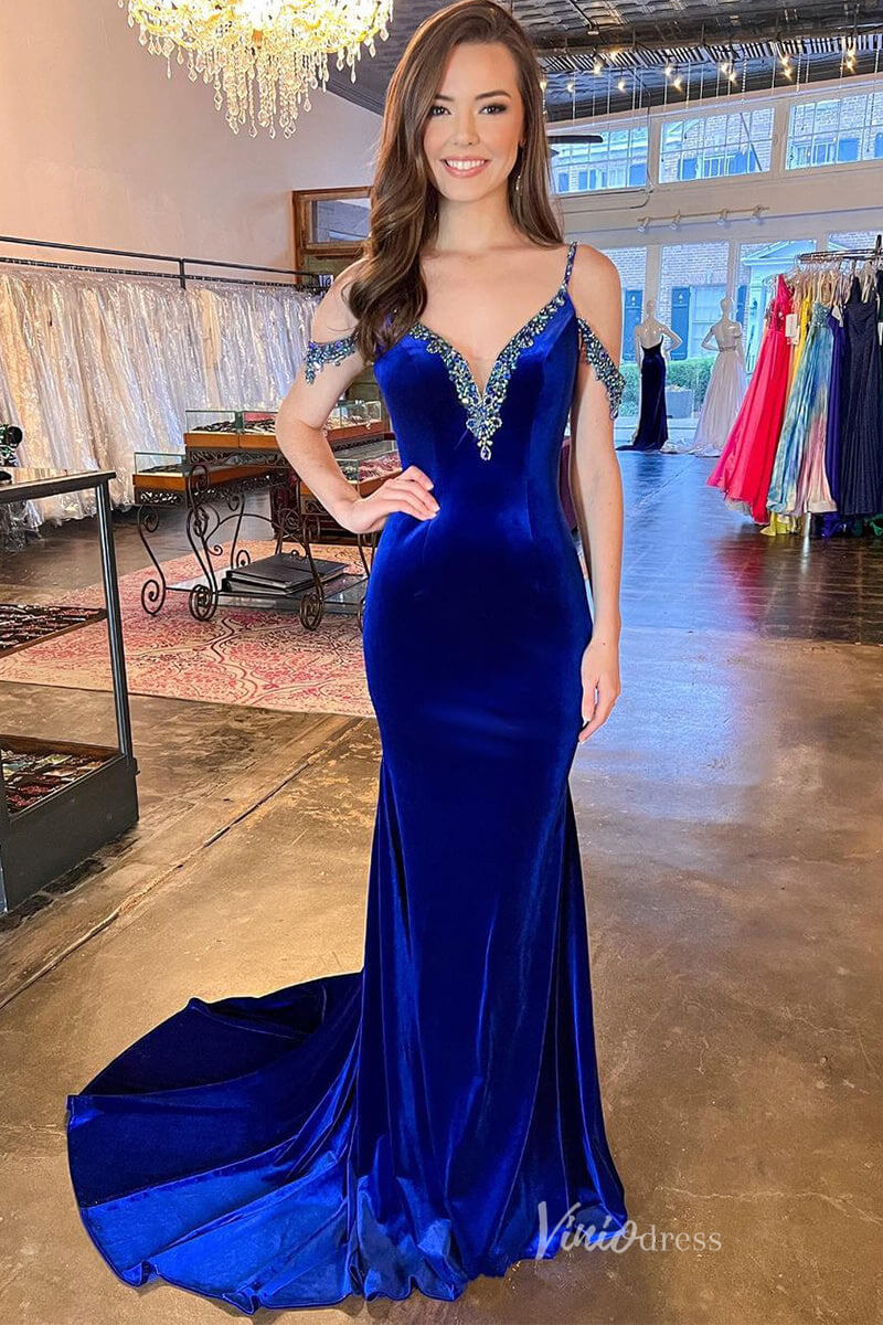 Royal Blue Velvet Mermaid Prom Dresses Beaded Neckline Spaghetti Strap FD4044-prom dresses 2025 -Viniodress-Royal Blue-Custom Size-