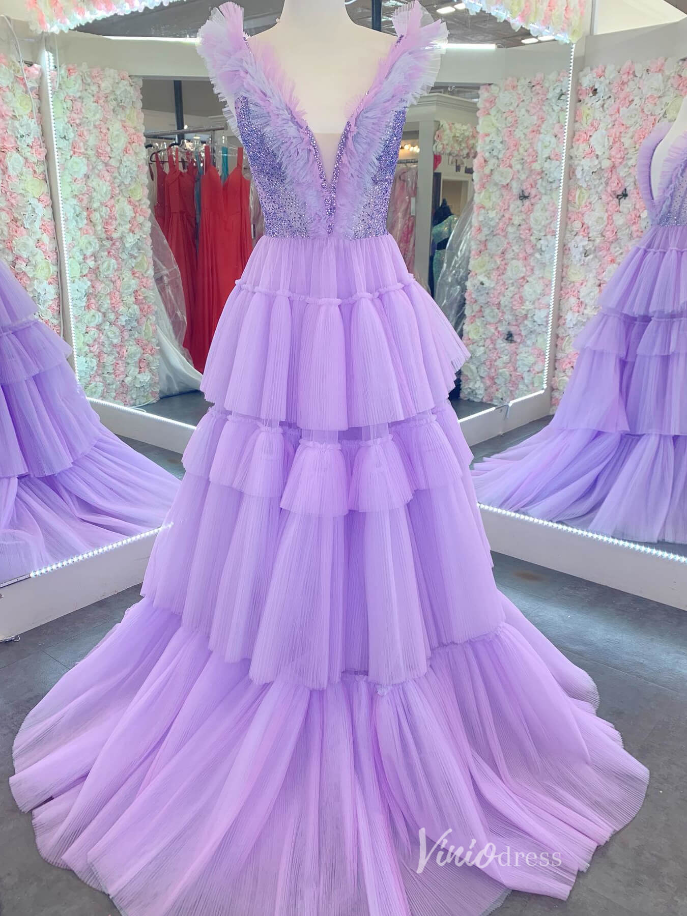 fitted lace wedding dress Lavender Tulle A-line Off-Shoulder Puff Sleeves Pleated Long Prom Dres   formalgowns