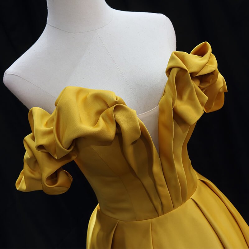Ruffled Off Shoulder Gold Satin Prom Dresses Evening Dress FD2623-Prom Dresses 2025 -VINIODRESS-Gold-Custom Size-
