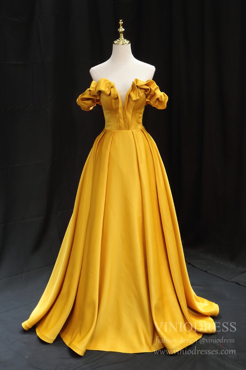Ruffled Off Shoulder Gold Satin Prom Dresses Evening Dress FD2623 –  Viniodress