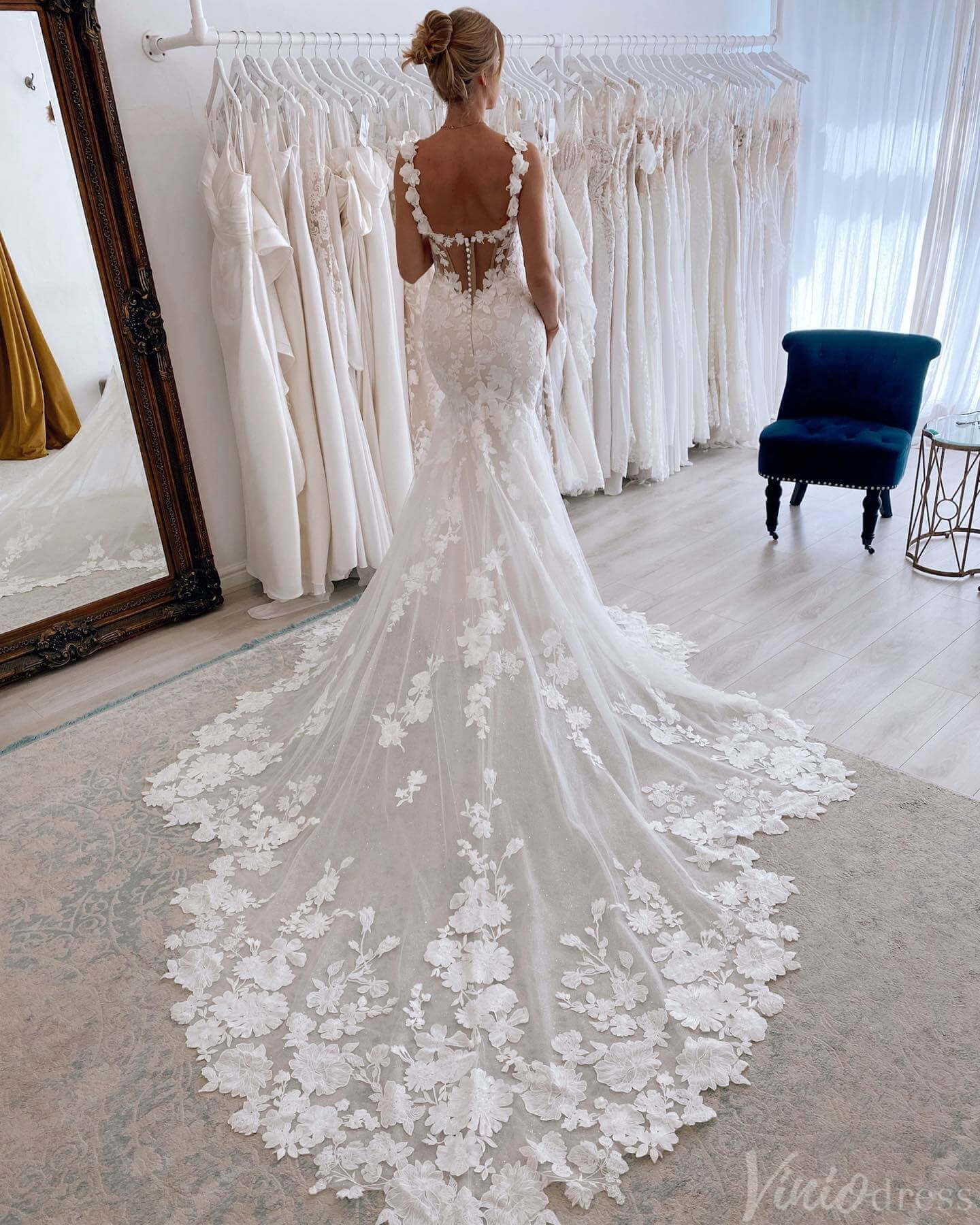 Rustic Lace Applique Mermaid Wedding Dresses Spaghetti Strap Chapel Train Bridal Gown AW1013-wedding dresses 2025 -Viniodress-Ivory-Custom Size-